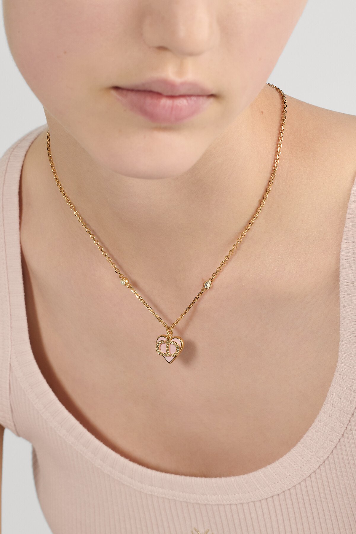 Dioramour Necklace Gold-Finish Metal, White Resin Pearl, Silver-Tone Crystals and Macaron Pink Lacquer 