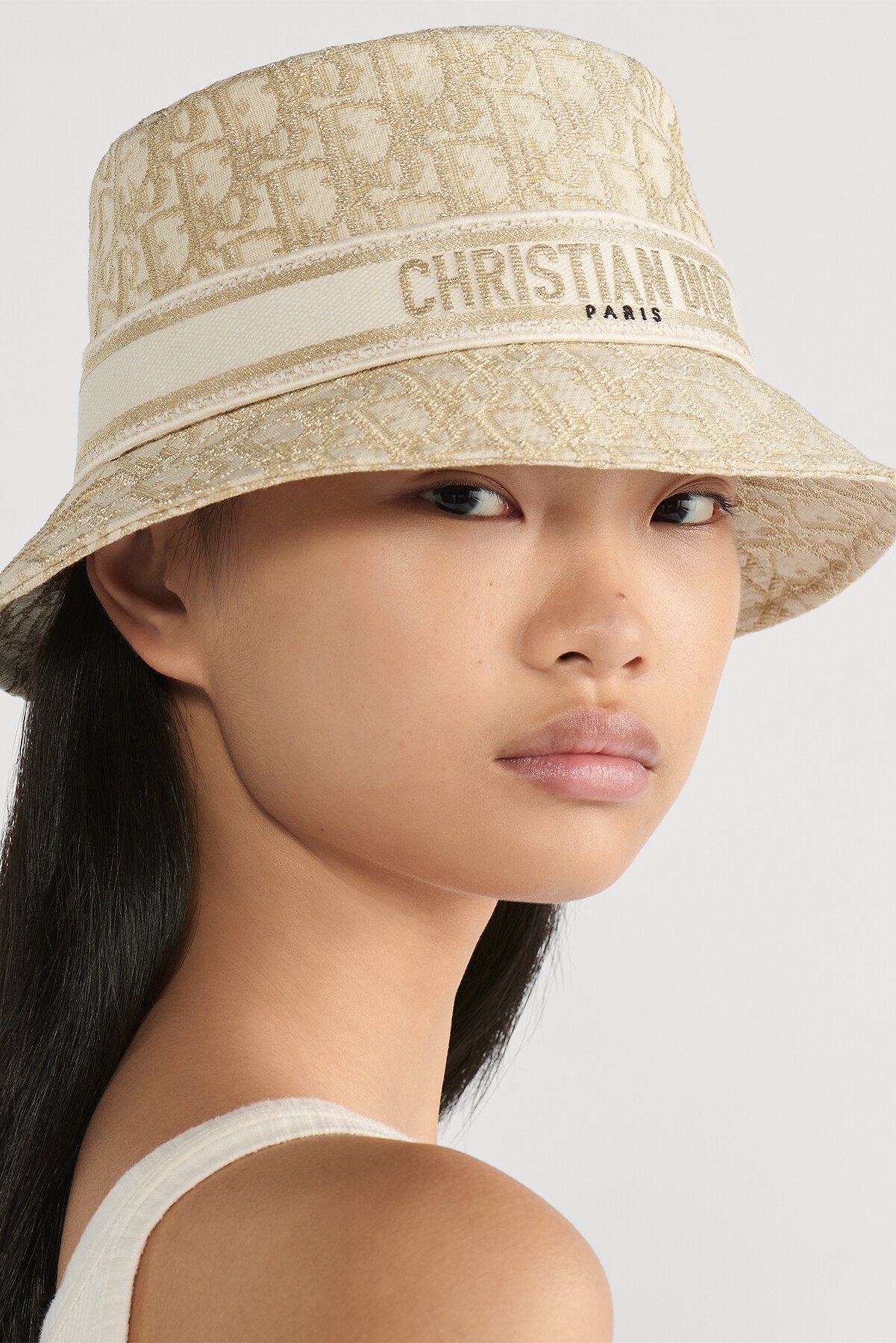 Dior Oblique D-Bobby Small-Brim Bucket Hat Beige and Gold-Tone Cotton Blend 