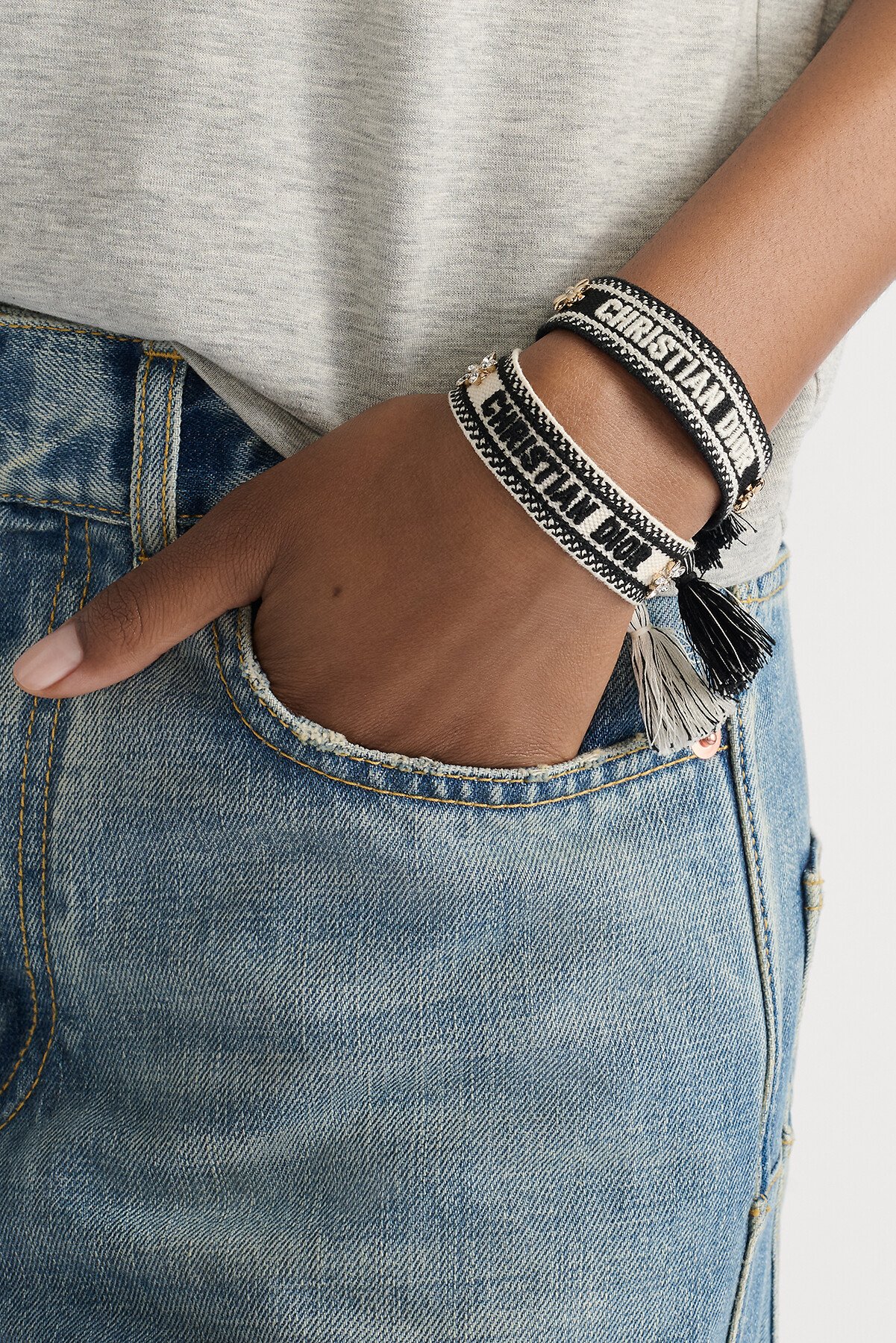 Christian Dior Bracelet Set Black and White Cotton, Gold-Finish Metal and Silver-Tone and Gold-Tone Crystals 