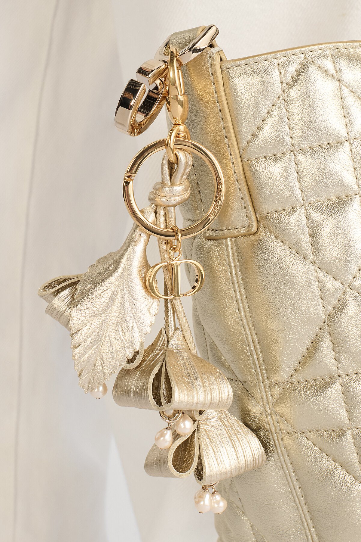 Flowers Bag Charm Gold-Tone Calfskin, Gold-Finish Metal and White Resin Pearls 