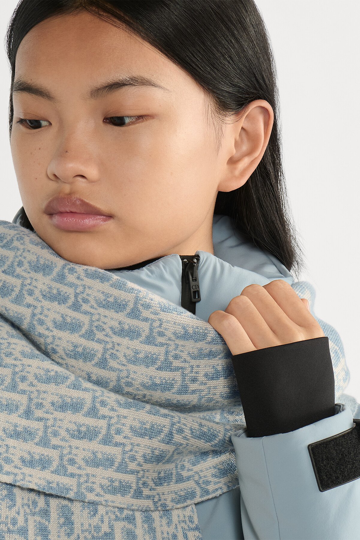 DiorAlps 围巾 米白色和水洗蓝山羊绒混纺嵌花编织提花面料 Oblique 印花 