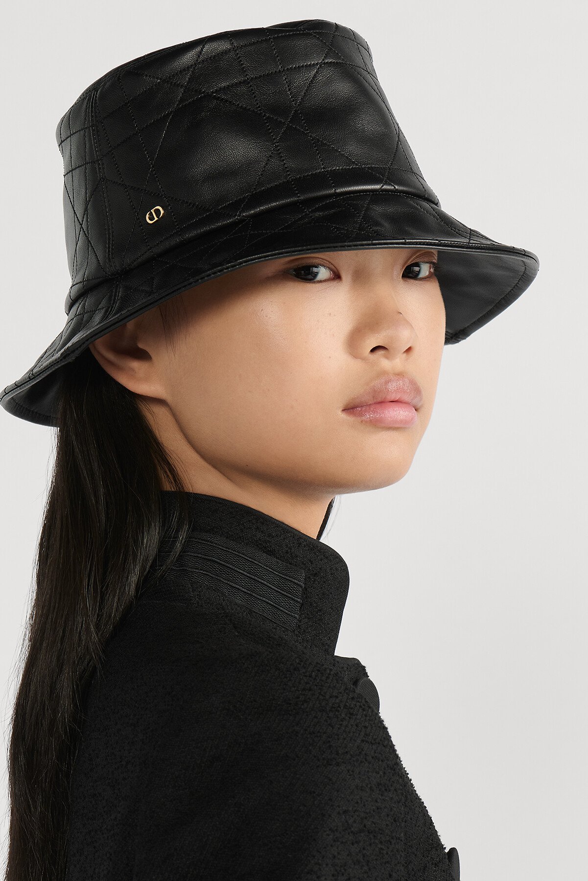 Flat Cannage Teddy-D Small Brim Bucket Hat Black Lambskin 