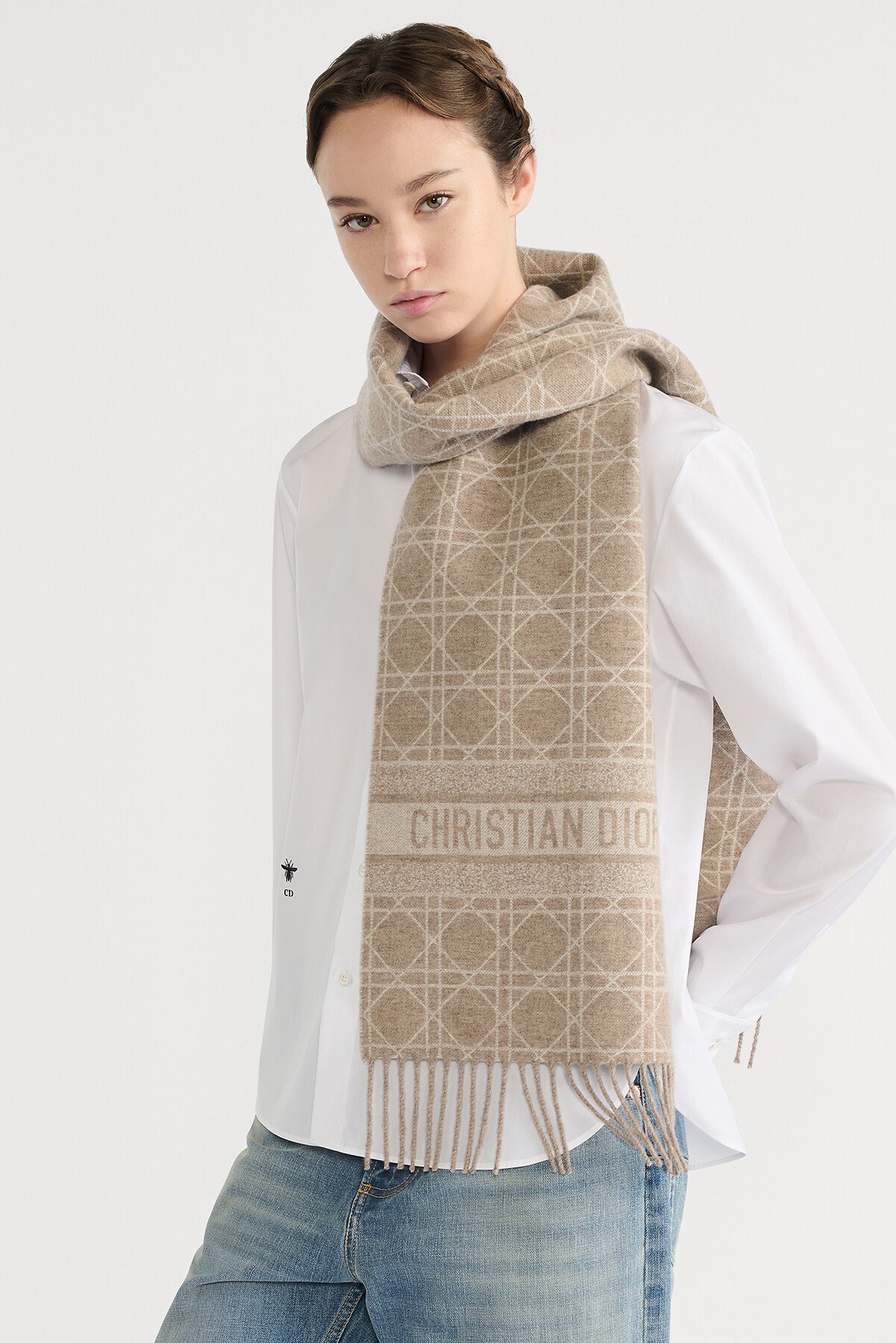 Dior Cannage 围巾 灰褐米色山羊绒面料 