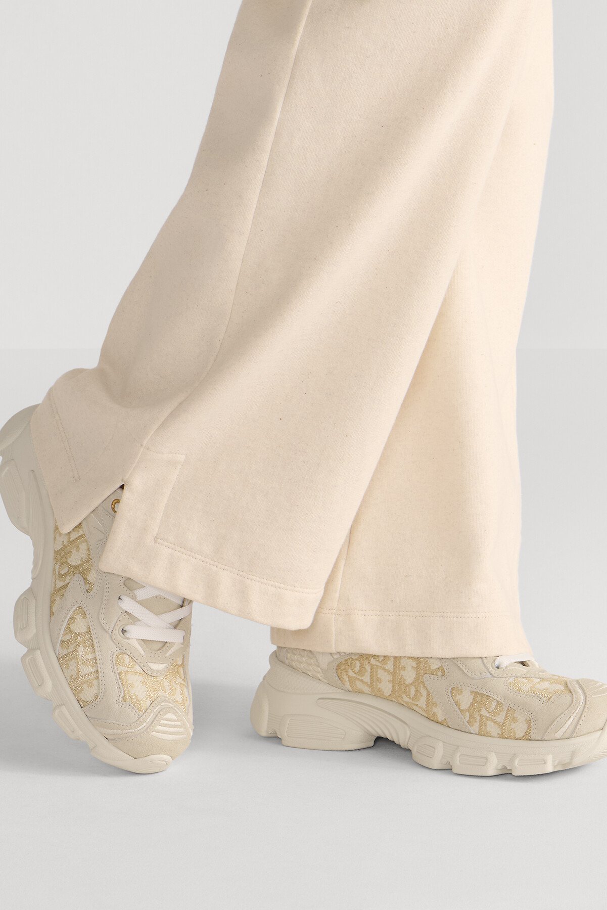 Dior Vibe Sneaker Cotton with Dior Oblique Embroidery in Gold-Tone Metallic Thread, Off-White Mesh and Gray Suede Calfskin 