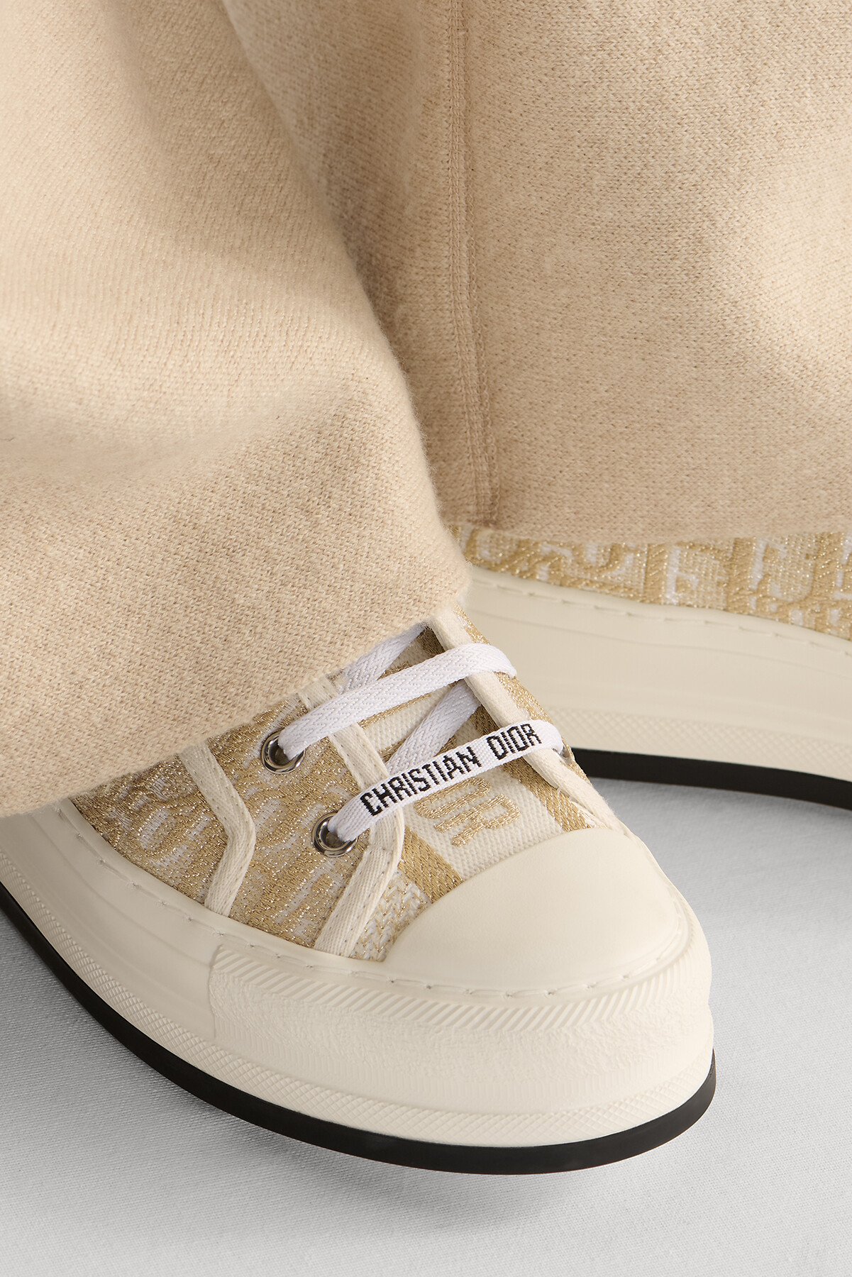 Walk'n'Dior Platform Sneaker White Cotton with Dior Oblique Embroidery in Gold-Tone Metallic Thread 