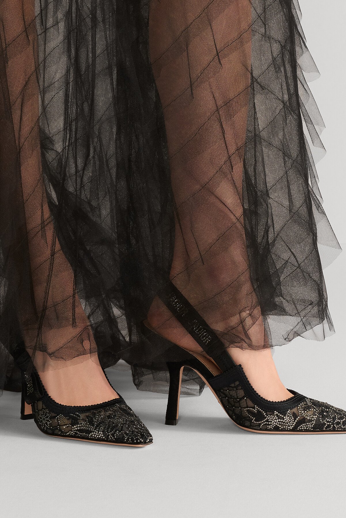 J'Adior Slingback Pump Transparent Mesh Embroidered with Black Millefiori Motif and Silver-Tone Strass 