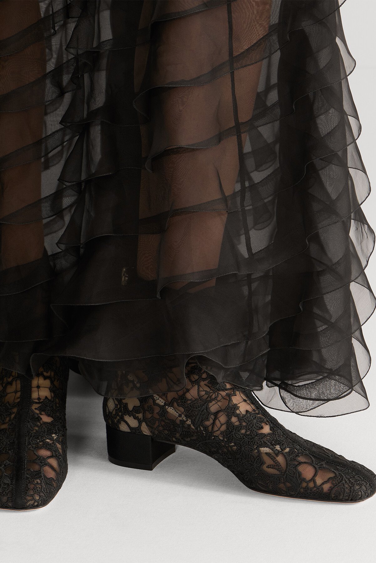 Naughtily-D Heeled Ankle Boot Transparent Mesh Embroidered with Black Millefiori Motif