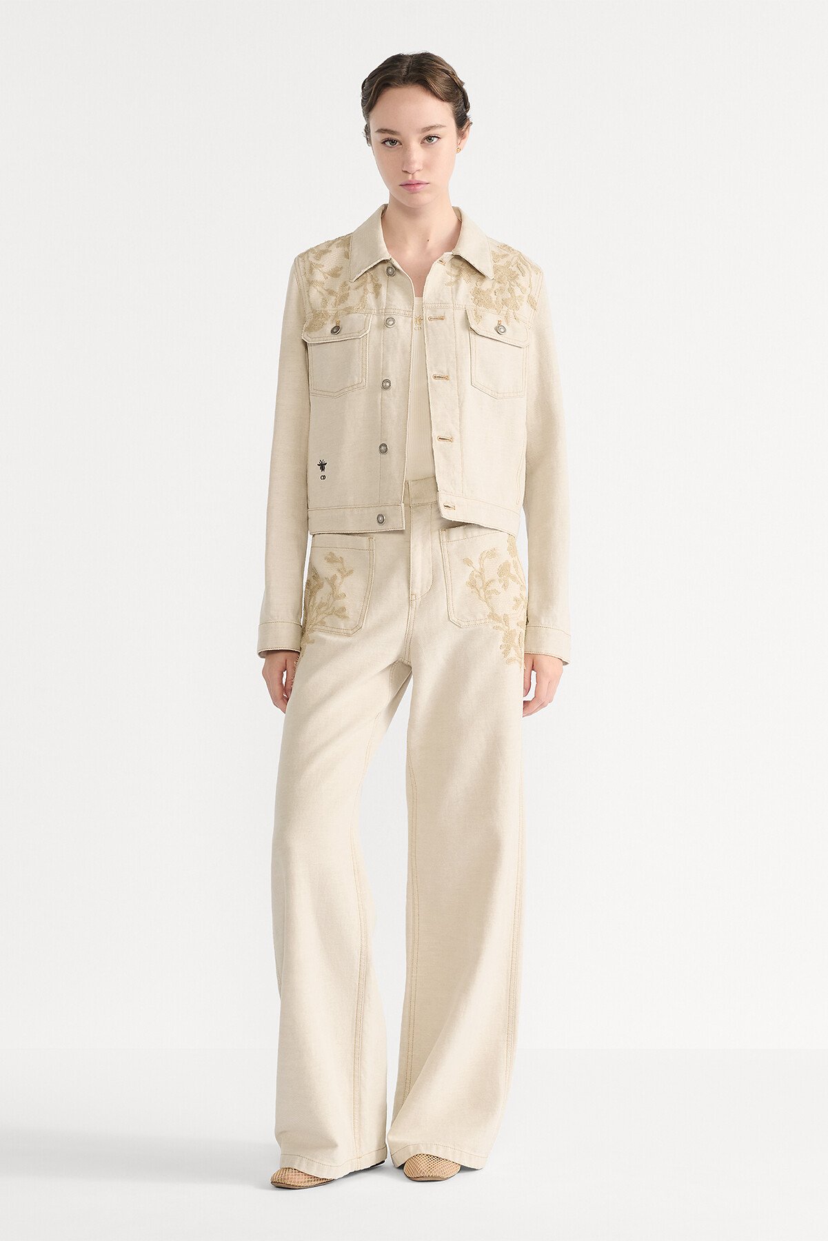 Flared Jeans Beige Cotton Denim and Millefiori Motif Lace 