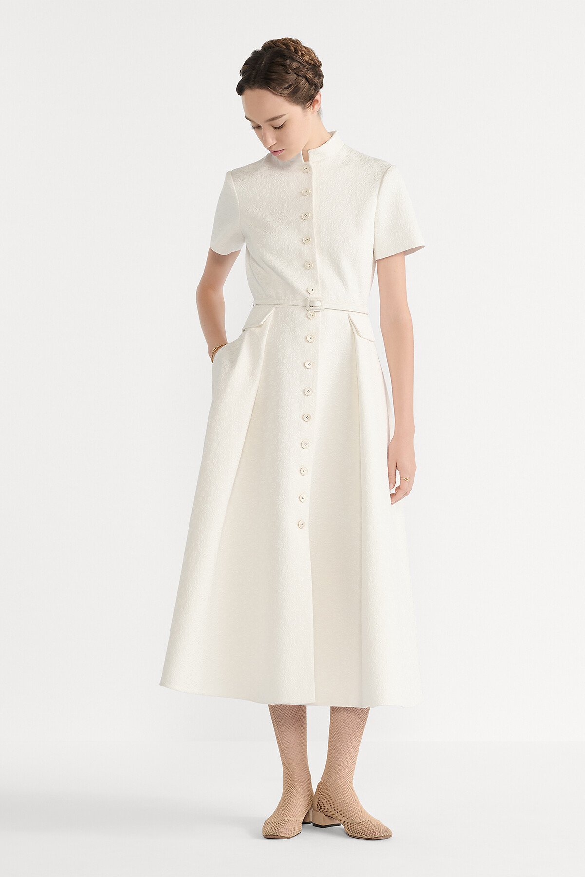 Robe-chemise mi-longue ceinturée Coton et soie matelassés effet boutis à motif Millefiori écru