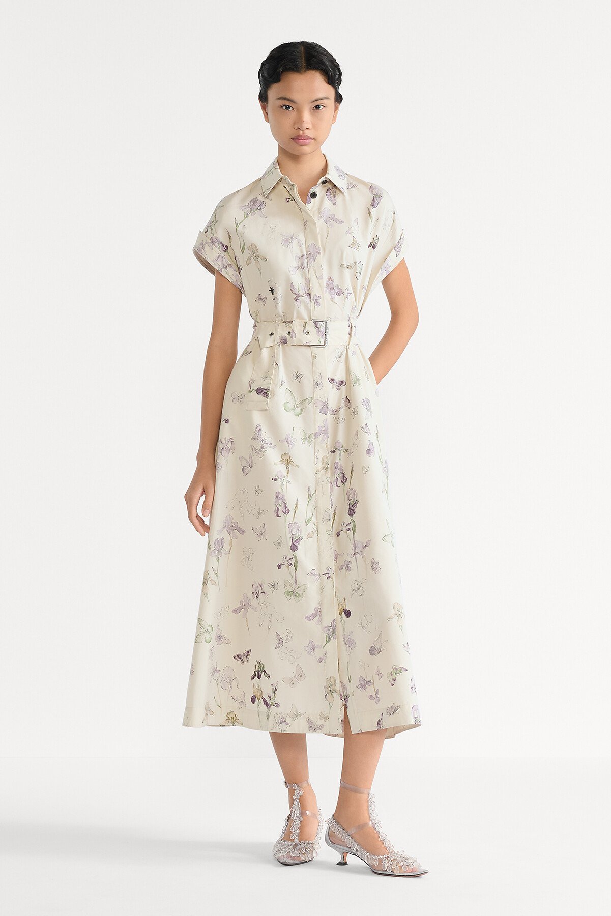 中长款衬衫式连衣裙 米色棉质和桑蚕丝混纺府绸多色 Butterflies & Iris 图案搭配腰带 