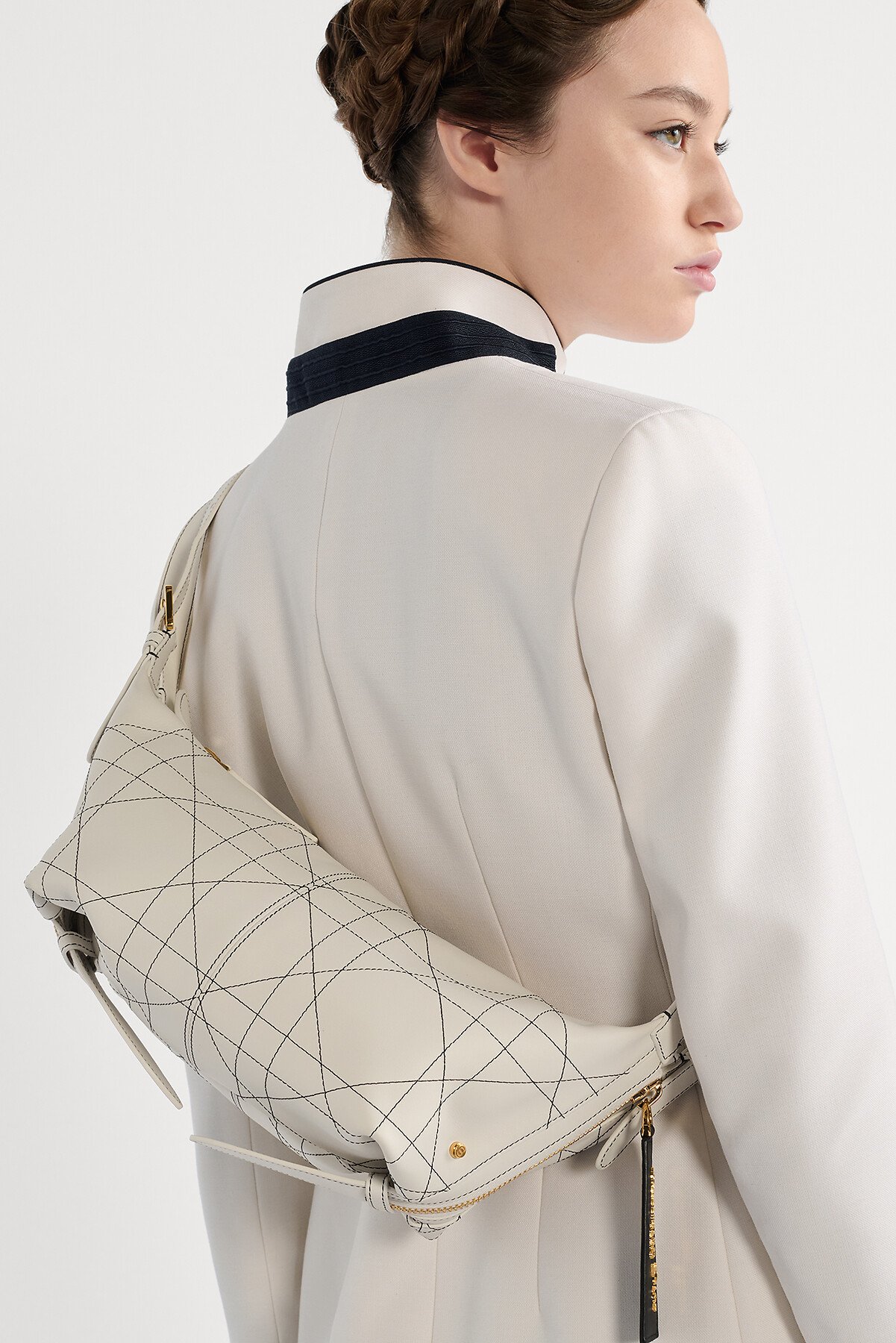 Small D-Journey Bag in Two-Tone Calfskin White Flat Macrocannage with Contrasting Black Topstitching 