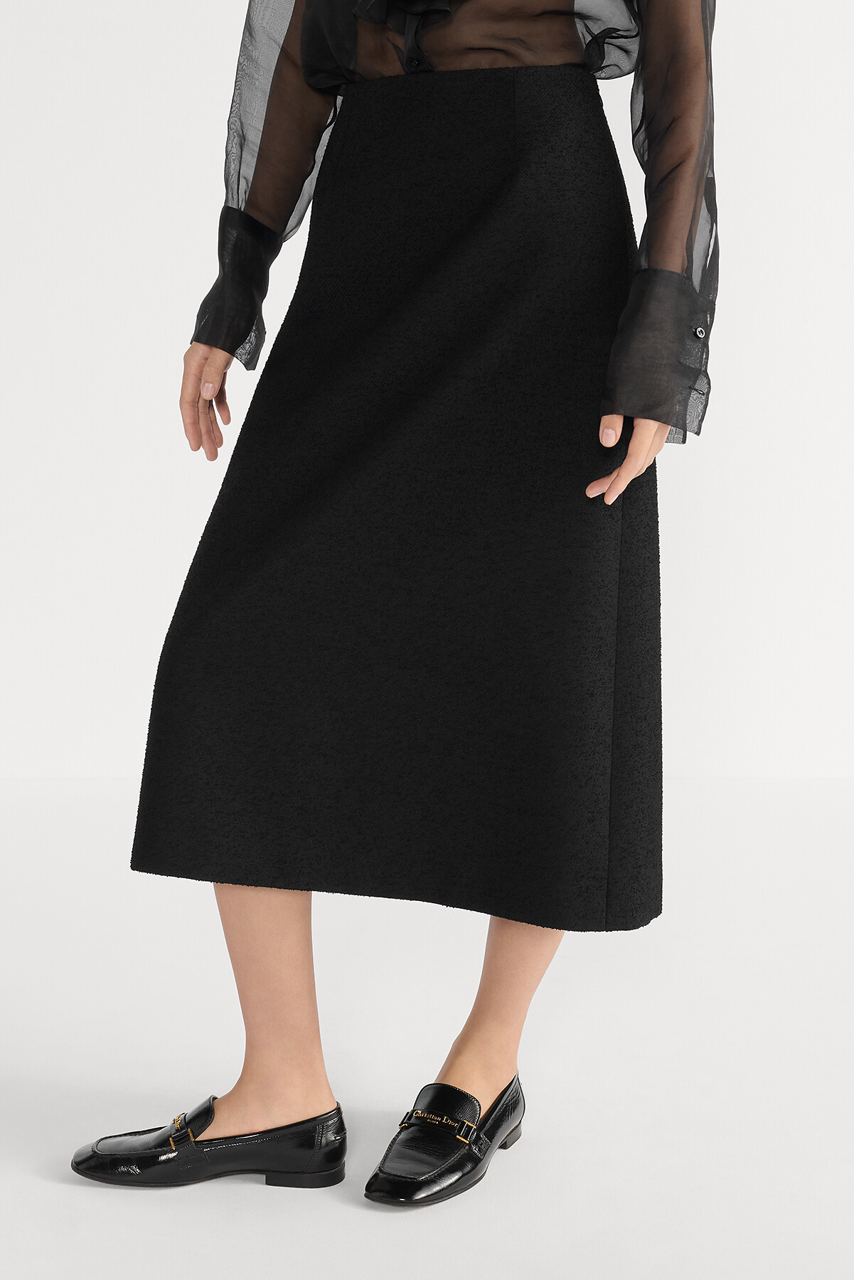 Mid-Length Flared Skirt Black Virgin Wool-Cotton-Blend Bouclé 