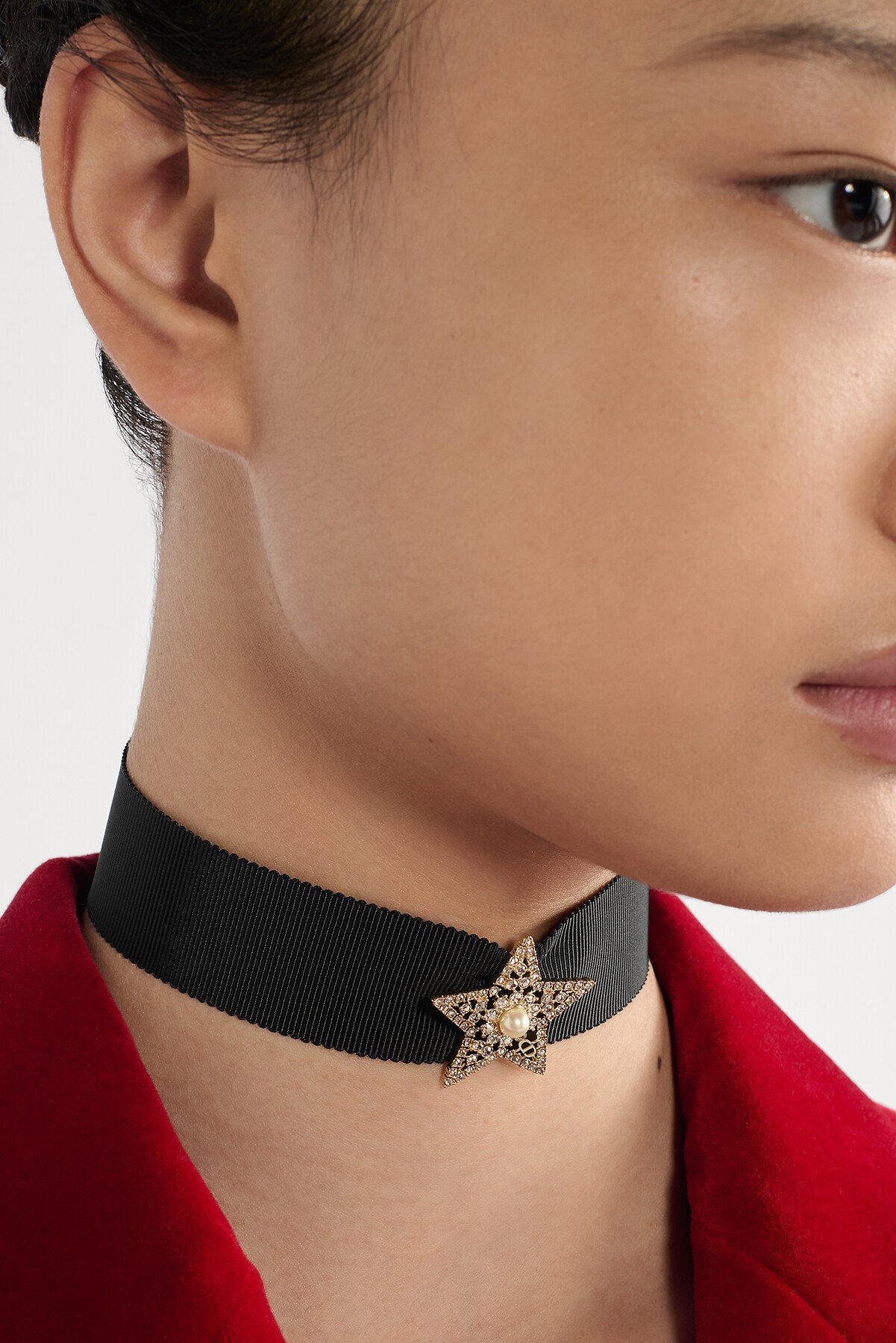 Nuit Étoilée Choker Black Grosgrain-Effect Technical Fabric, Pale Gold-Finish Metal, White Resin Pearl and Silver-Tone Crystals 