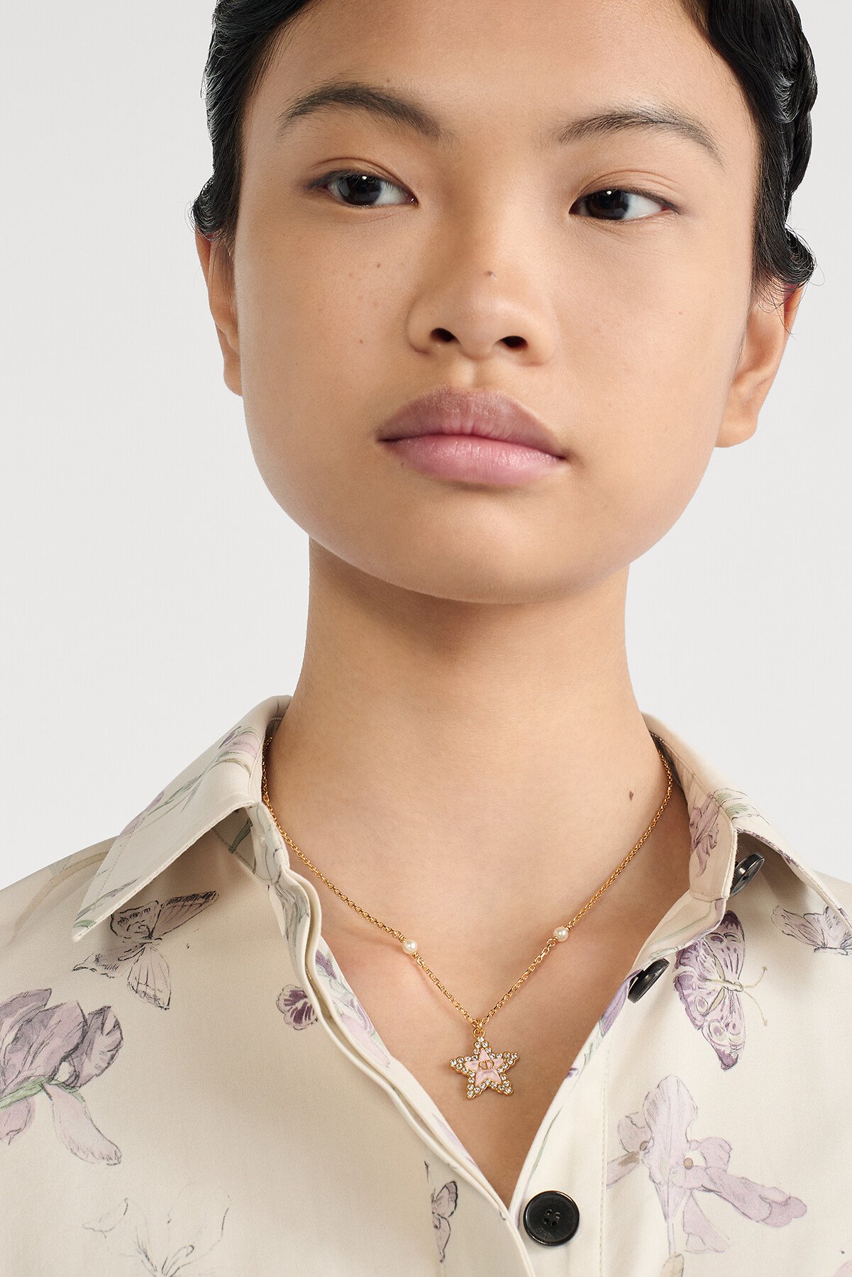 Petit CD Lucky Baroque Necklace Gold-Finish Metal, White Resin Pearls, Silver-Tone Crystals and Macaron Pink Glass 