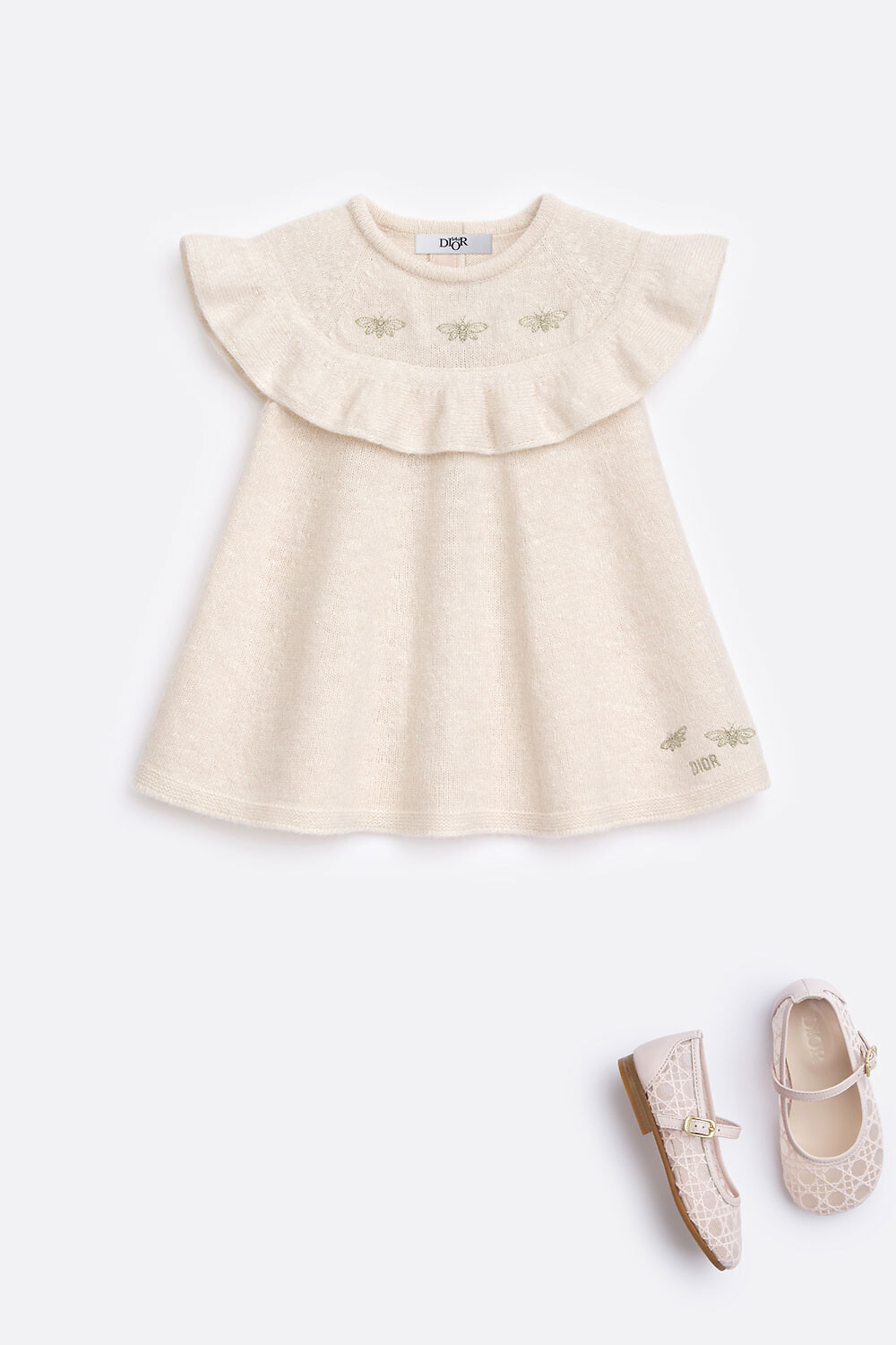 Vestido acampanado para bebé Punto mouliné de lana y seda rosa palo y marfil 