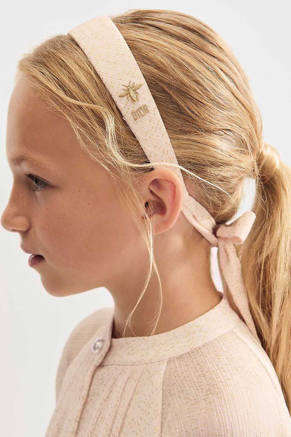 儿童发带 淡粉色绉纱金色调亮片装饰 