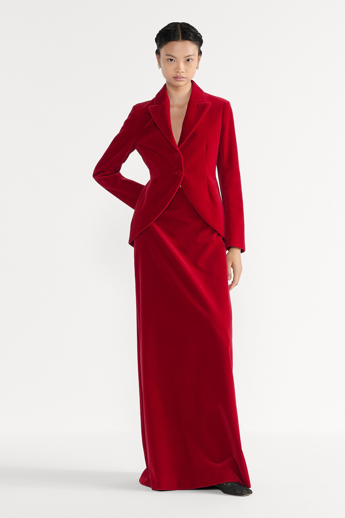 Long Flared Skirt Red Cotton Velvet 