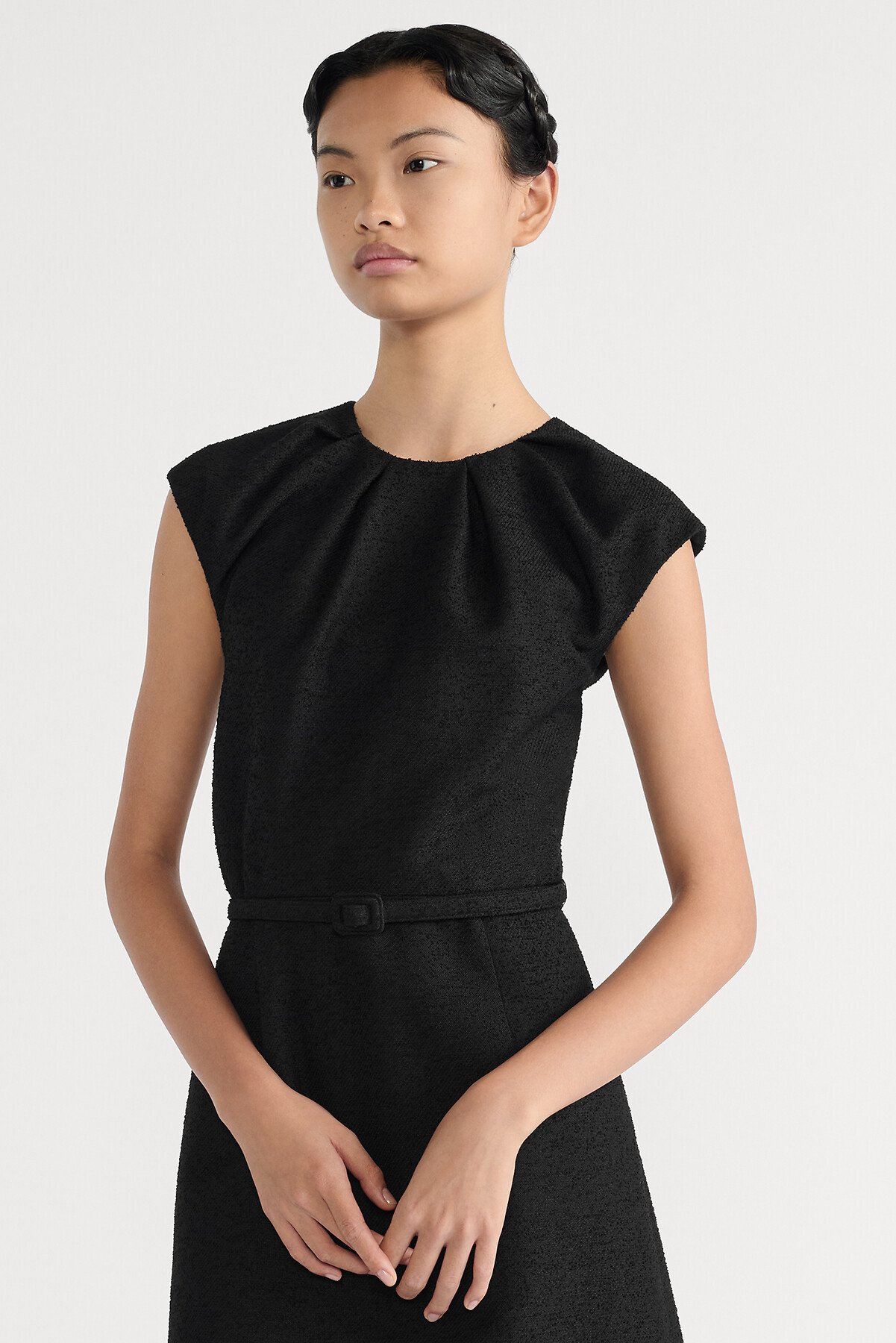 Mid-Length Belted Dress Black Virgin Wool-Cotton-Blend Bouclé 