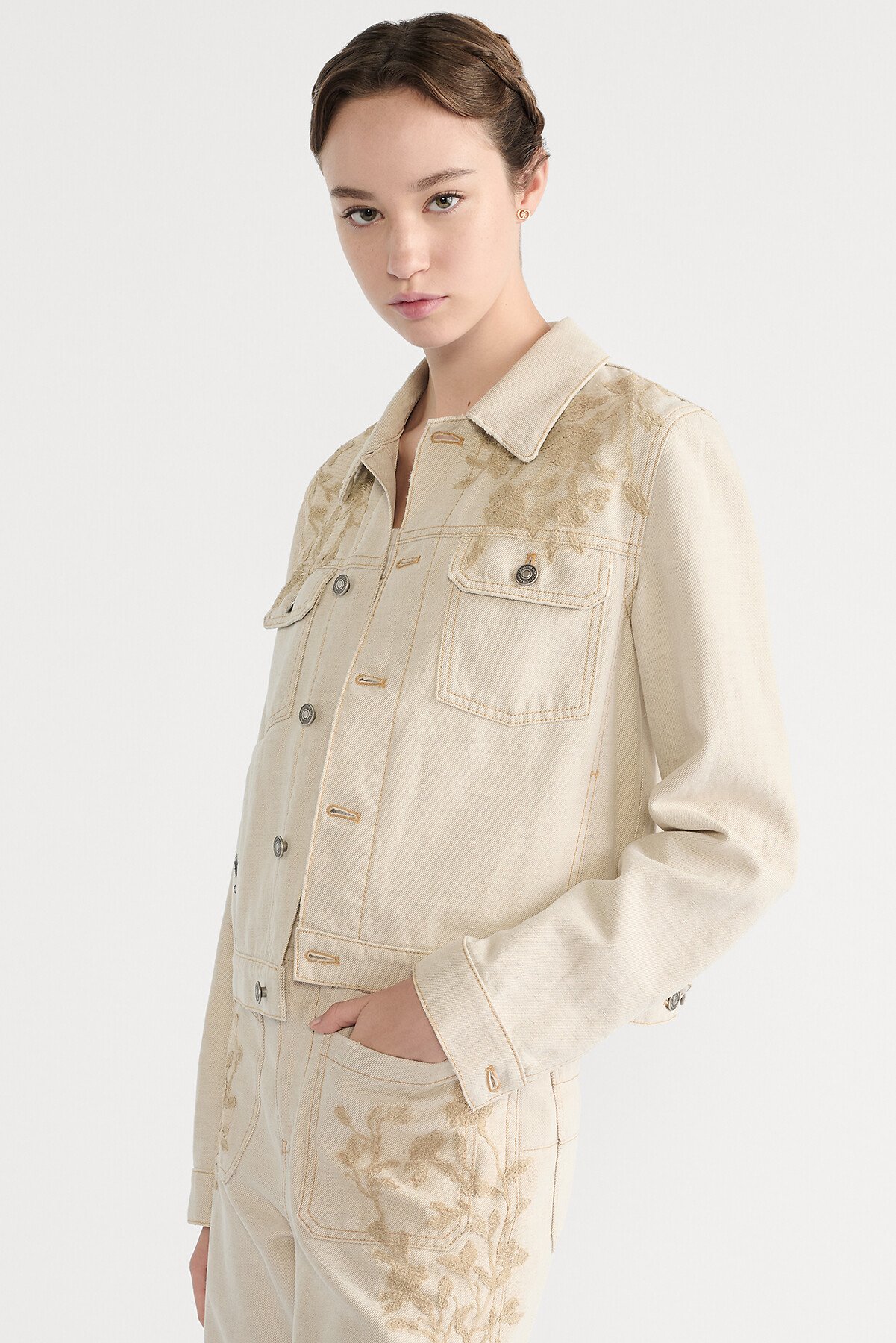 Jacket Beige Cotton Denim and Millefiori Motif Lace 