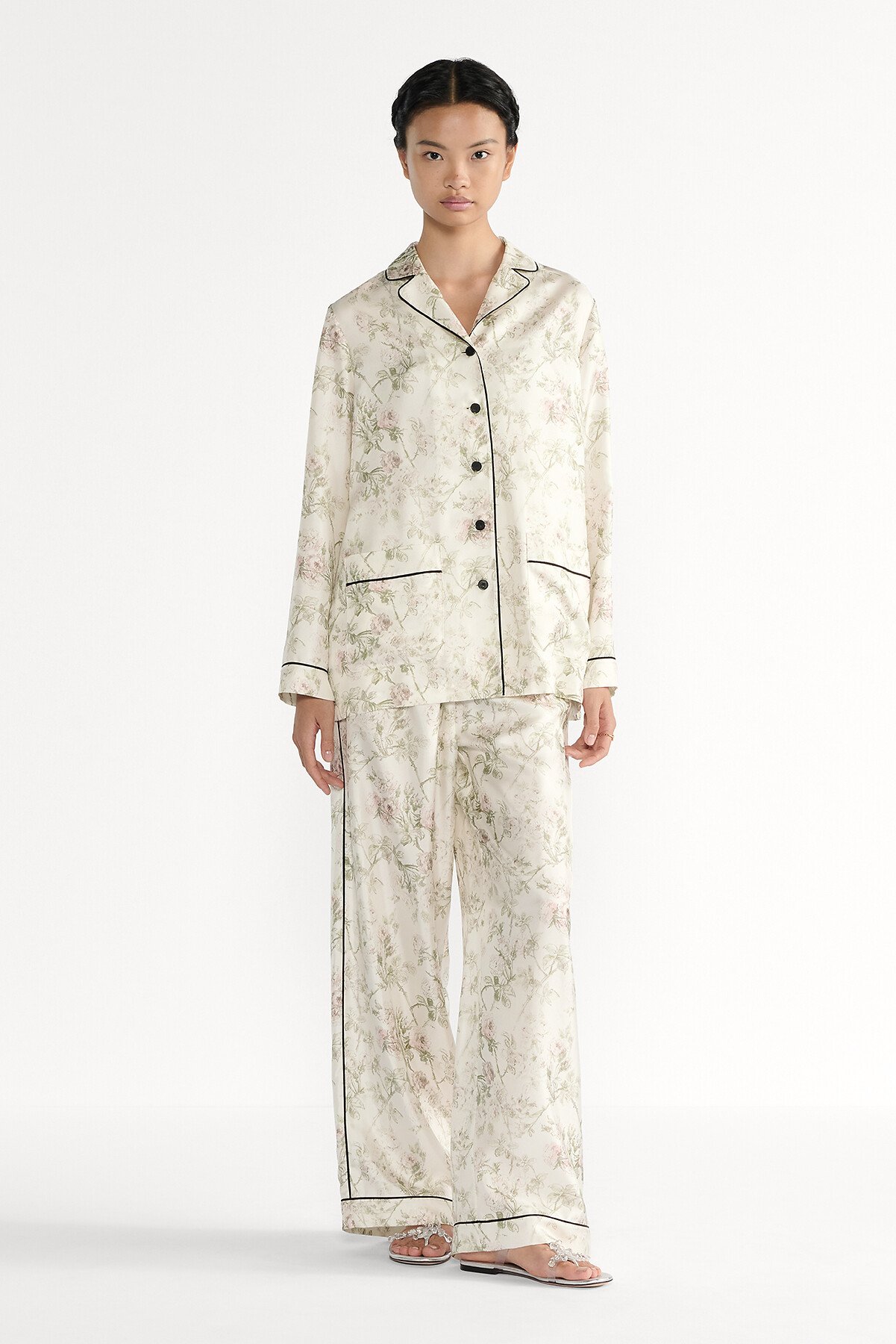 Pants White Silk Twill with Multicolor Rosier de Dior Motif 