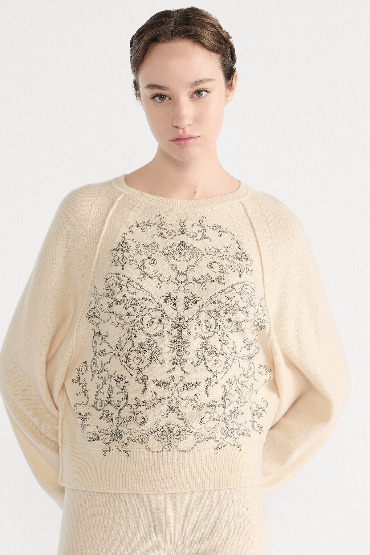 Embroidered Sweater Ecru Cashmere Knit with Black Dioresque Butterfly Motif 