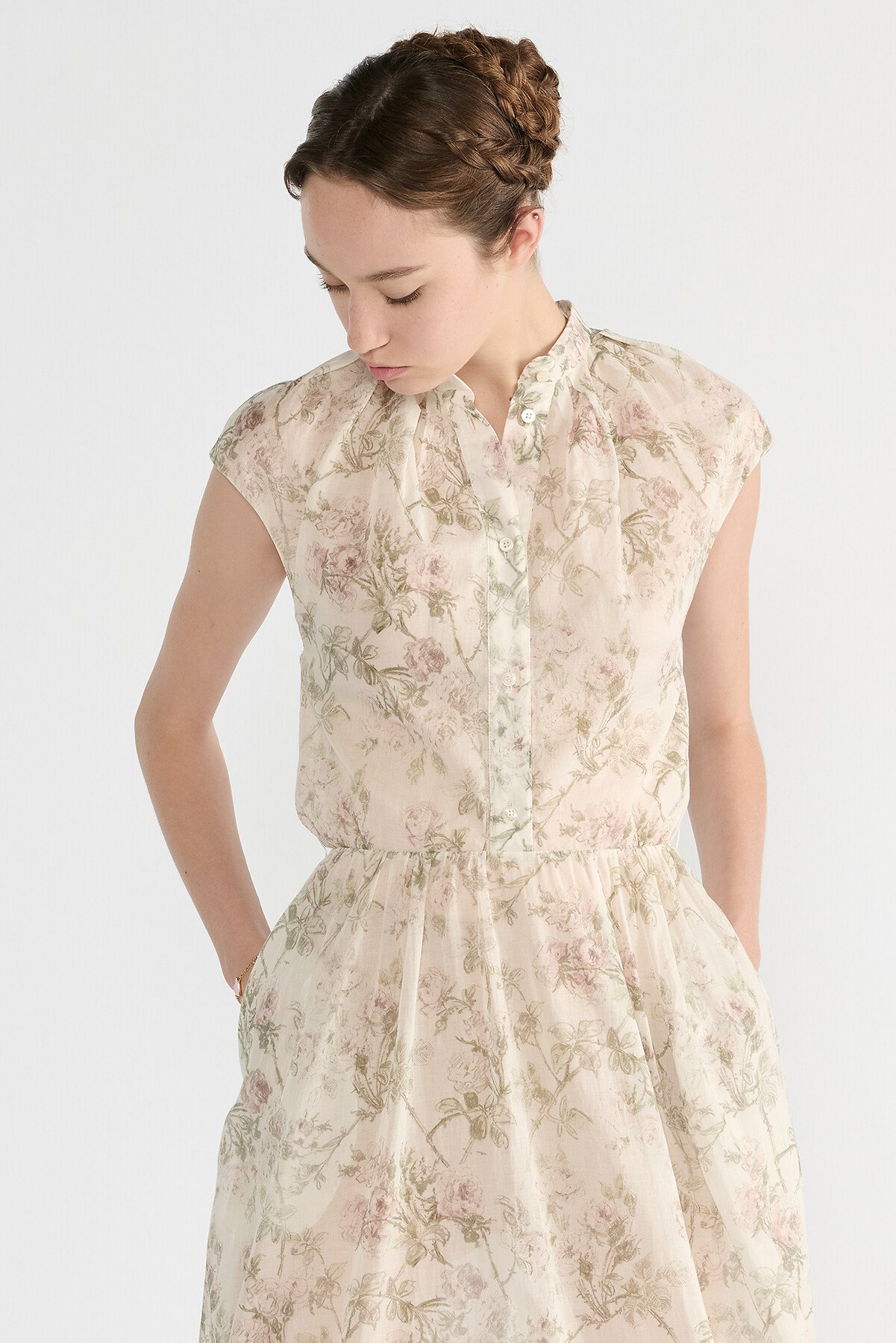 Mid-Length Shirtdress White Cotton Muslin with Multicolor Rosier de Dior Motif 