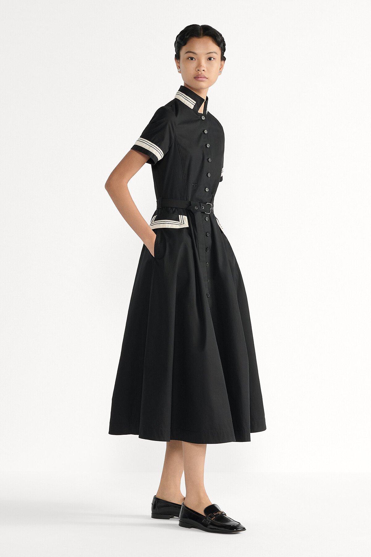 Mid-Length Flared Shirtdress Black Cotton Gabardine 