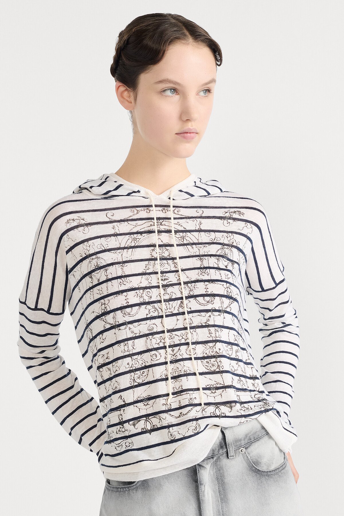 Dior Marinière Hooded Sweater Navy Blue and White Linen, Cashmere and Silk Knit with Dioresque Stella Motif 