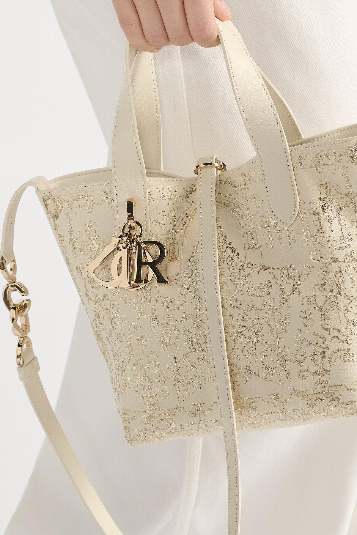 Small Dior Toujours Vertical Tote Bag Latte Calfskin with Gold-Tone Dioresque Stella Print 