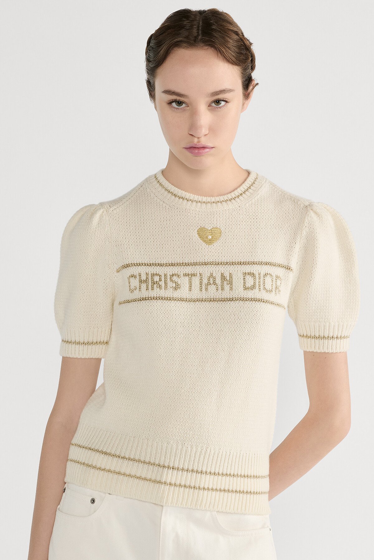 Short-Sleeved Sweater Ecru and Gold-Tone Virgin Wool-Cashmere-Blend Knit 