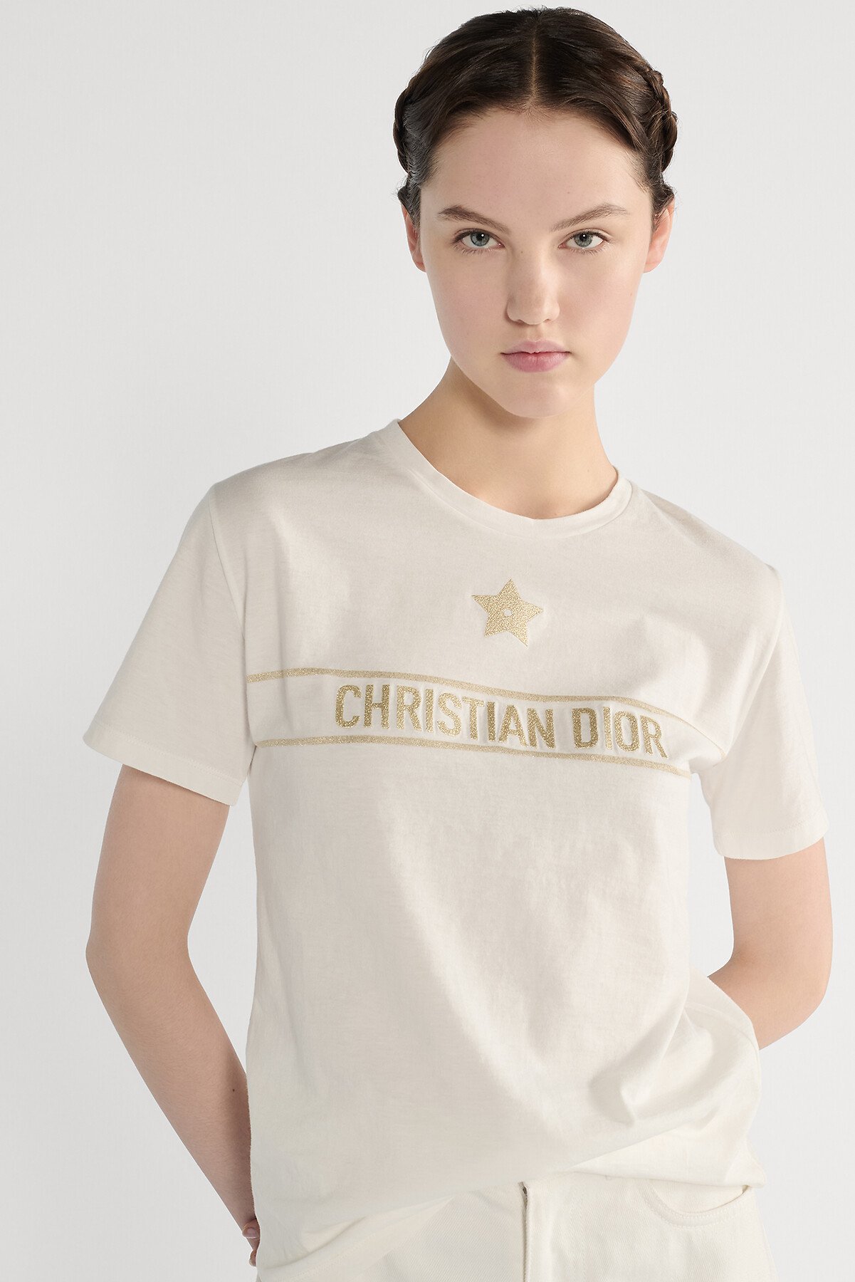 Embroidered T-Shirt Ecru and Gold-Tone Cotton Jersey 