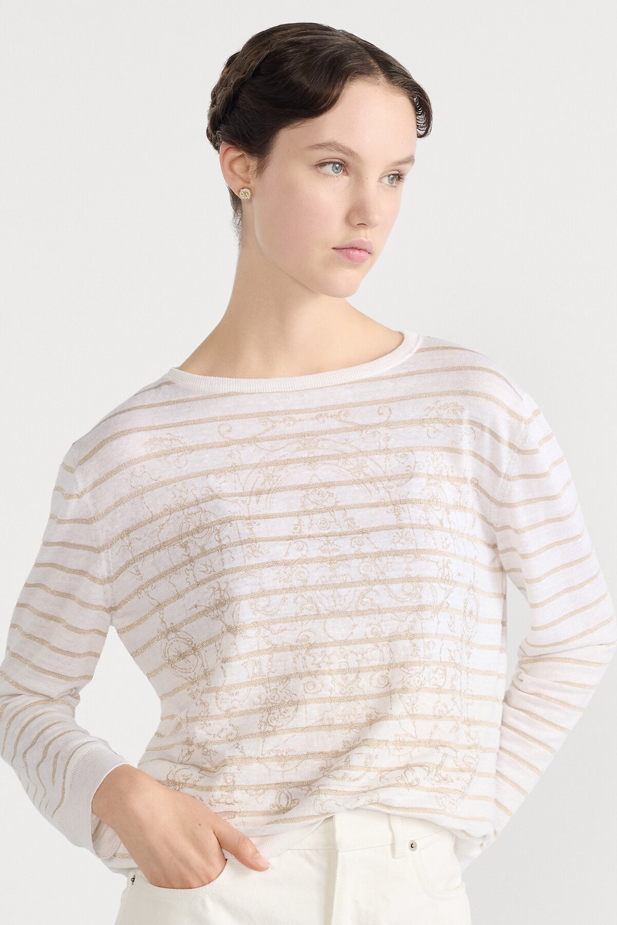 Dior Marinière 毛衣 米棕色亞麻、喀什米爾羊絨和絲綢混紡針織搭配金色調 Dioresque Stella 圖案 