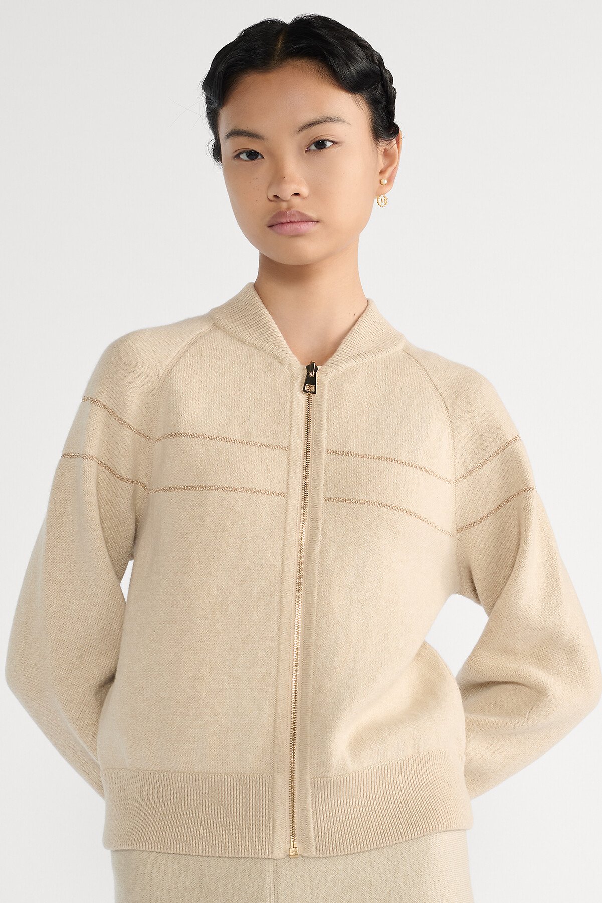 Bomber réversible zippé Maille de cachemire métallisé mélangé à motif Dior Oblique doré