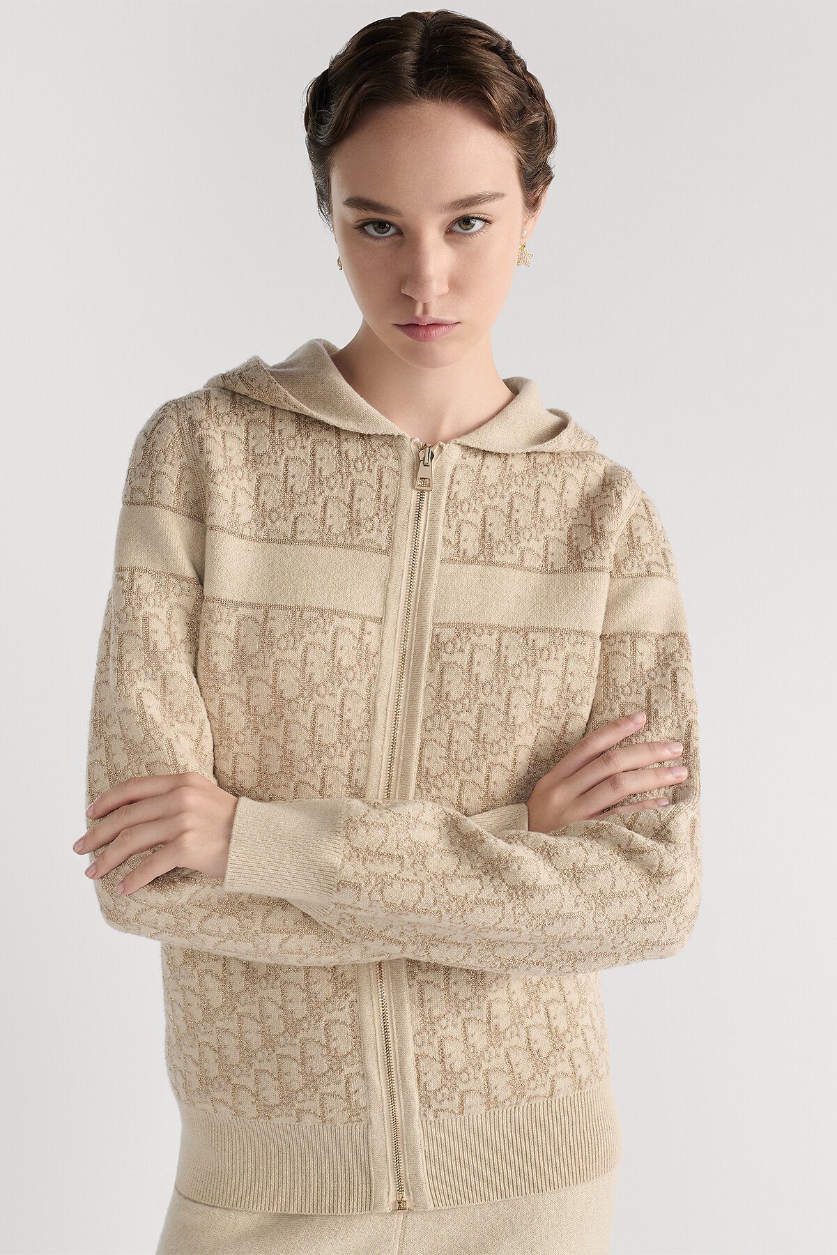 Reversible Zipped Cardigan with Hood Gold-Tone Metallic Cashmere-Blend Knit with Dior Oblique Motif 