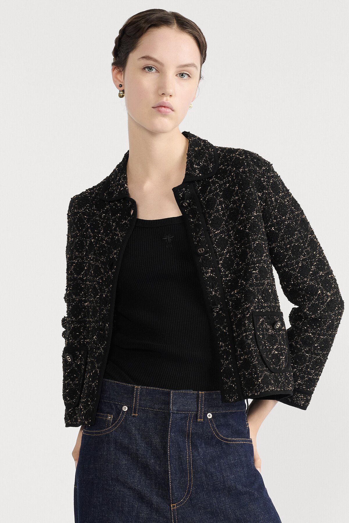Macrocannage Jacket Black and Gold-Tone Cotton-Blend Tweed Knit 