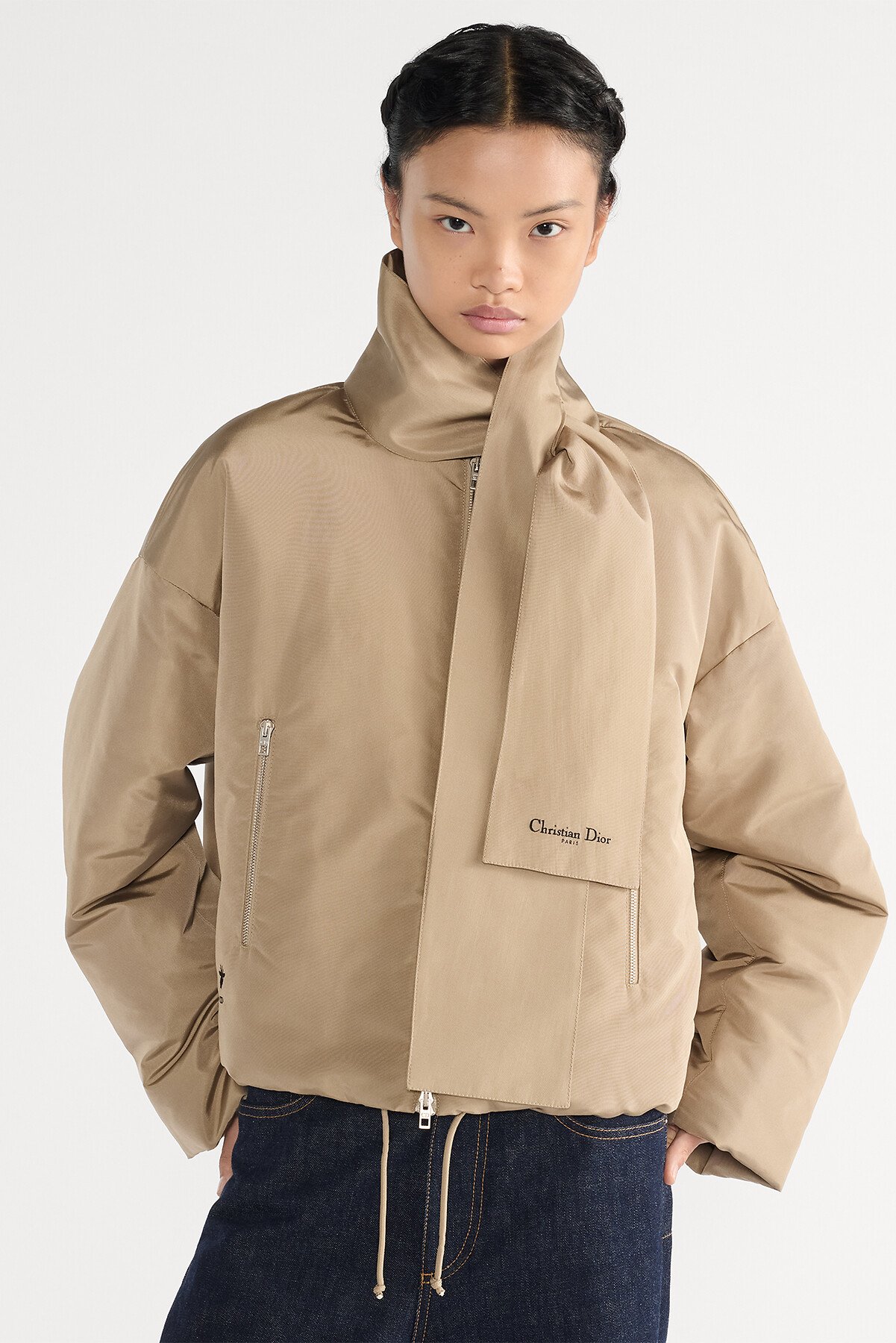 Doudoune à col écharpe Faille de soie matelassée beige 