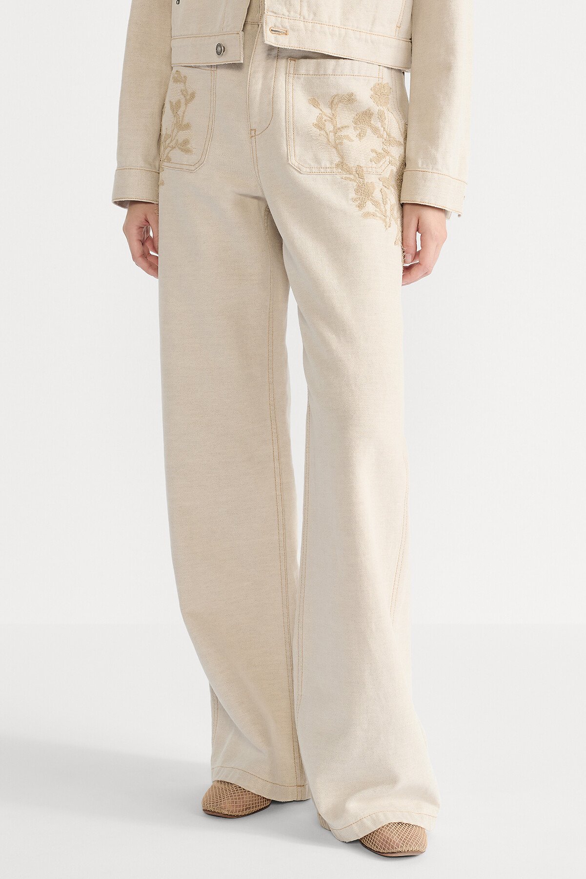 Flared Jeans Beige Cotton Denim and Millefiori Motif Lace 