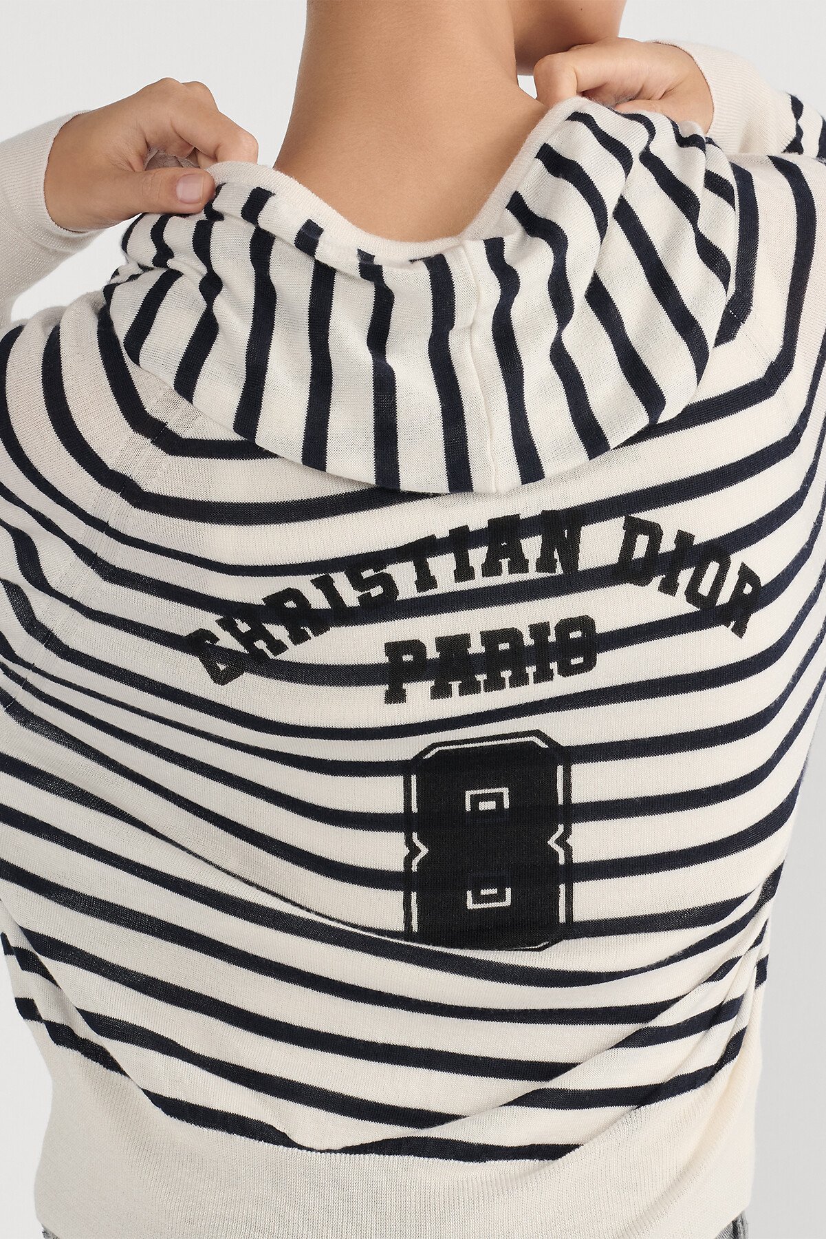 Dior 마리니에르 후드 지퍼 가디건 화이트 & 네이비 블루 캐시미어 실크 니트 