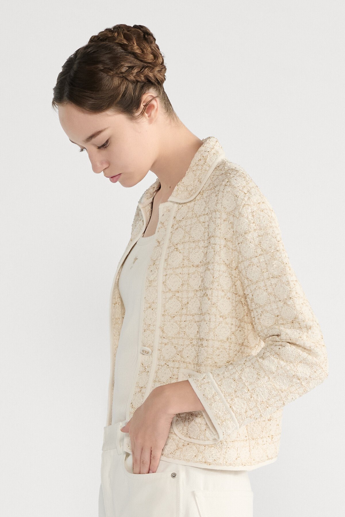 Macrocannage Jacket White and Gold-Tone Cotton-Blend Tweed Knit 