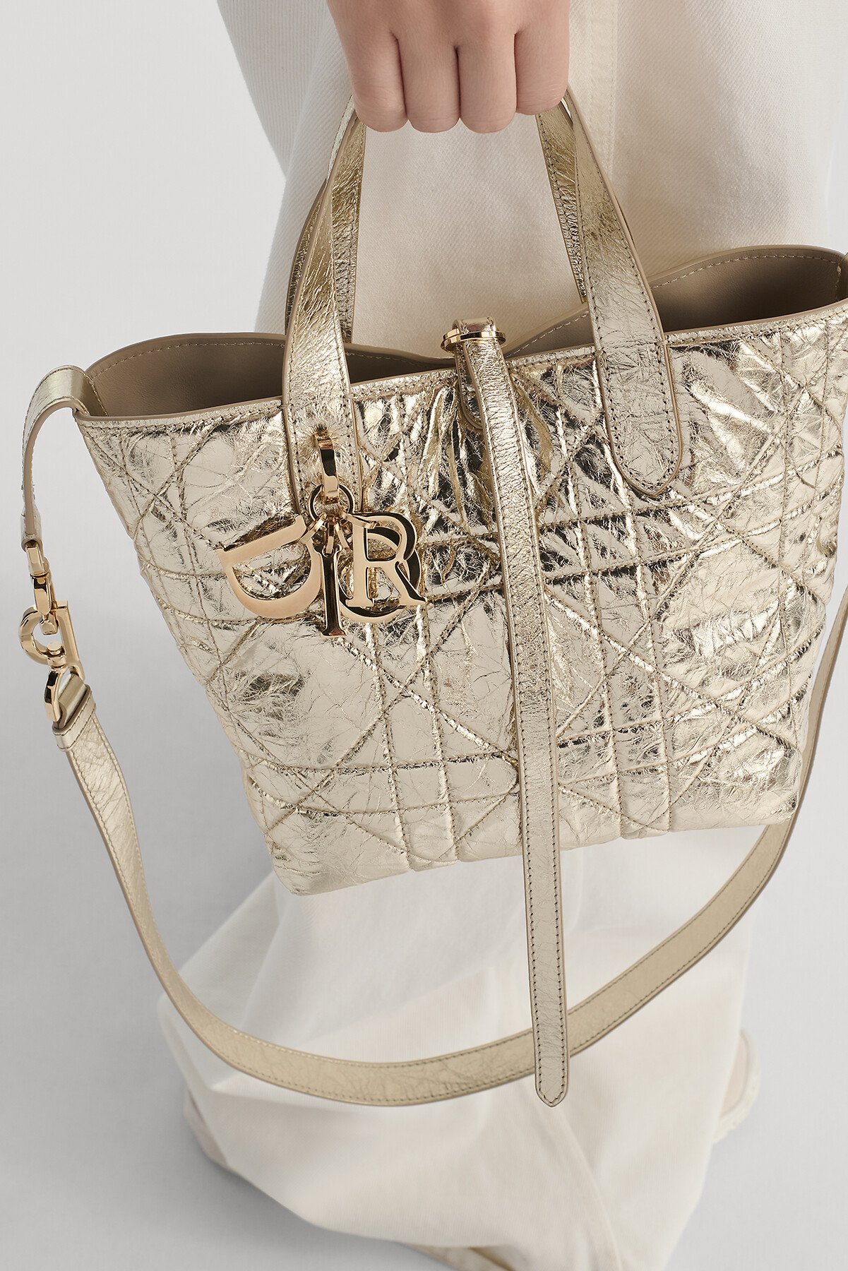 Small Dior Toujours Vertical Tote Bag Metallic Gold-Tone Semi Flat Macrocannage Crinkled Calfskin 