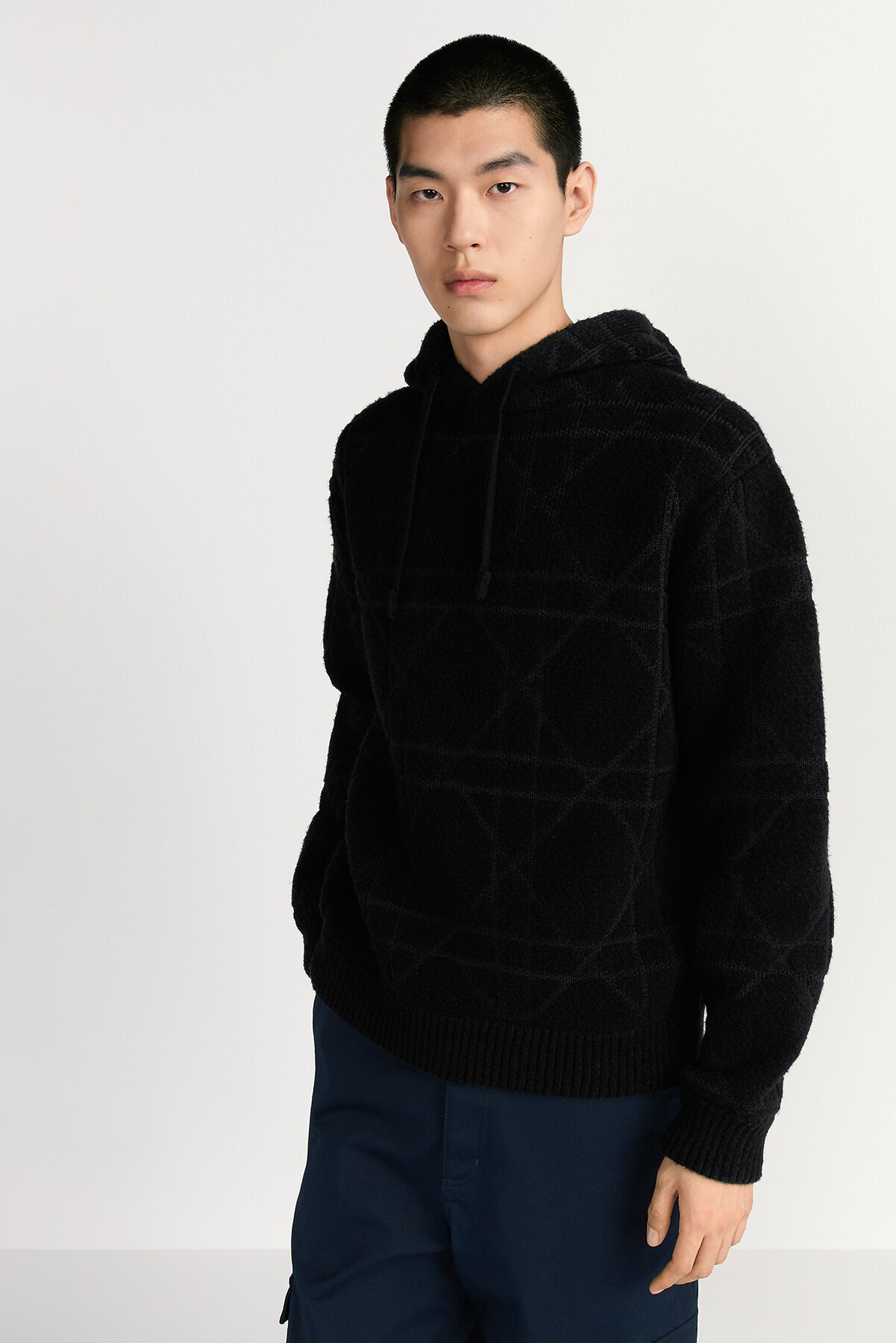 连帽运动衫 黑色棉质和绵羊毛混纺针织面料藤格纹 
