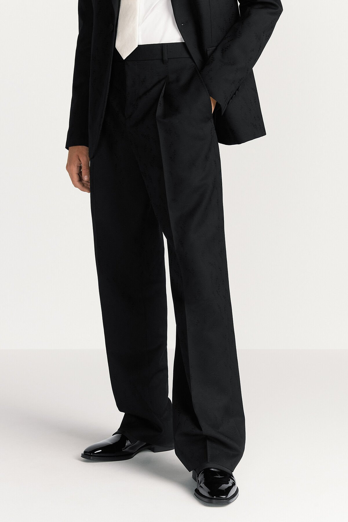 Loose-Fit Pants with Jacquard Lily of the Valley Black Wool and Mohair Jacquard 