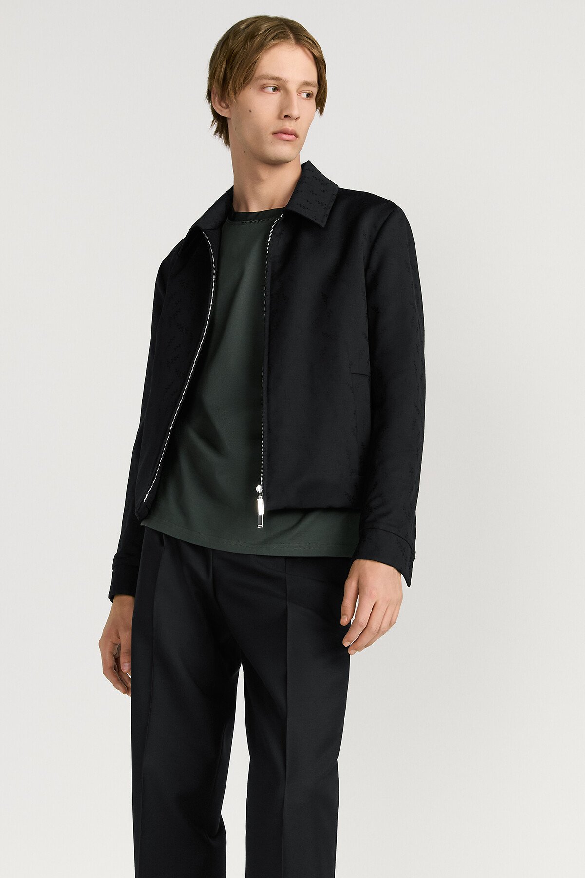 Reversible Zipped Jacket with Lily of the Valley Jacquard Gray Wool and Mohair Jacquard 