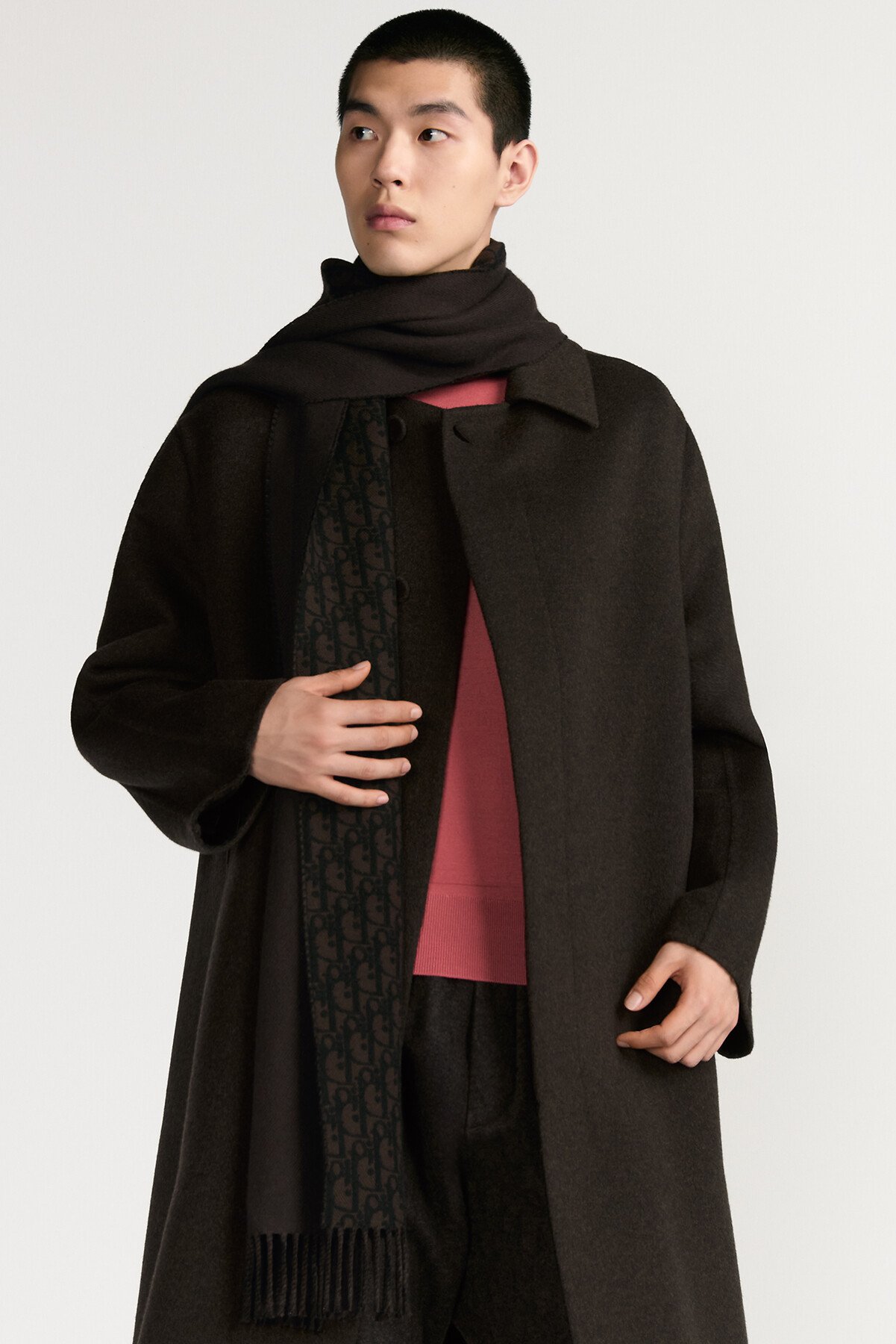 ผ้าพันคอแบบใช้ได้สองด้านลาย Dior Oblique ผ้าวูลและผ้าแคชเมียร์สีน้ำตาลและสีดำ