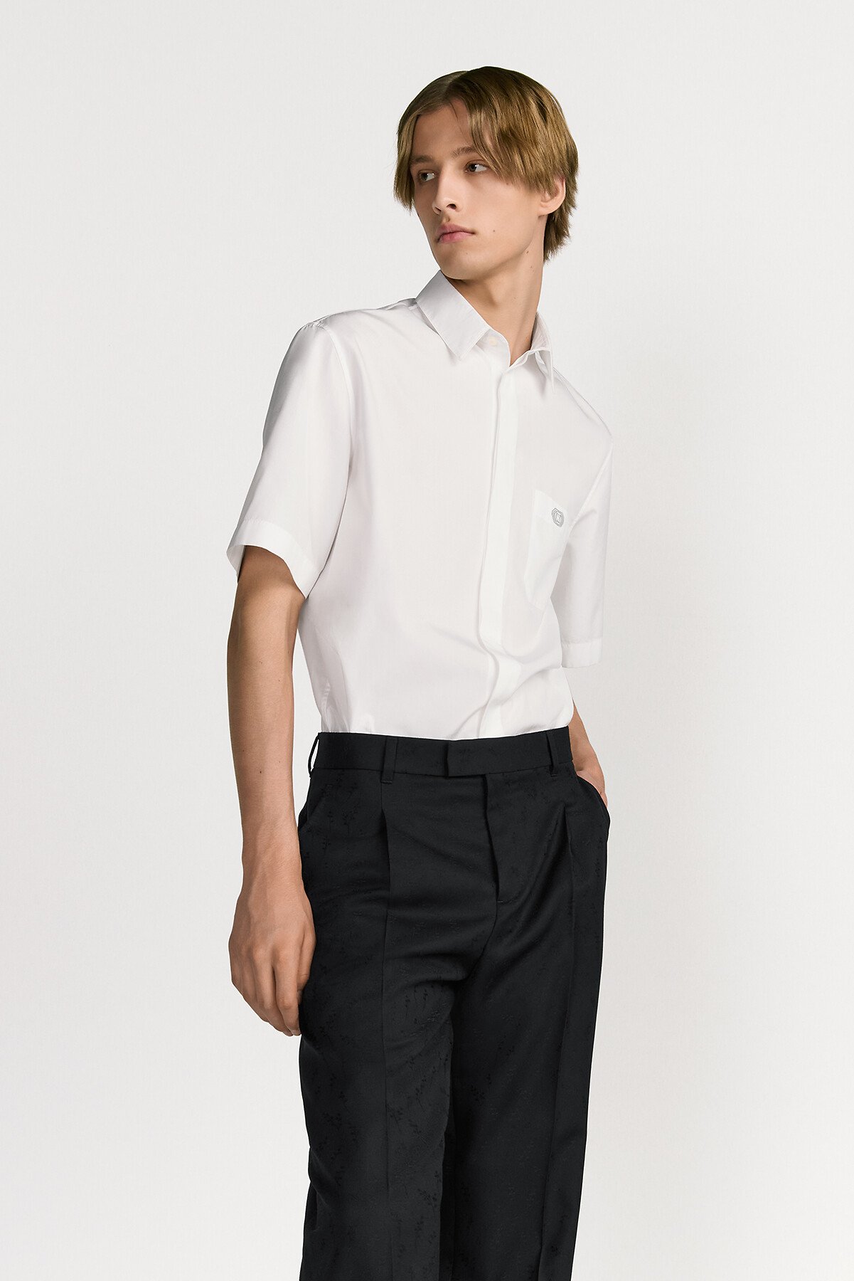 Short-Sleeved Shirt with CD Box Embroidery White Cotton Poplin