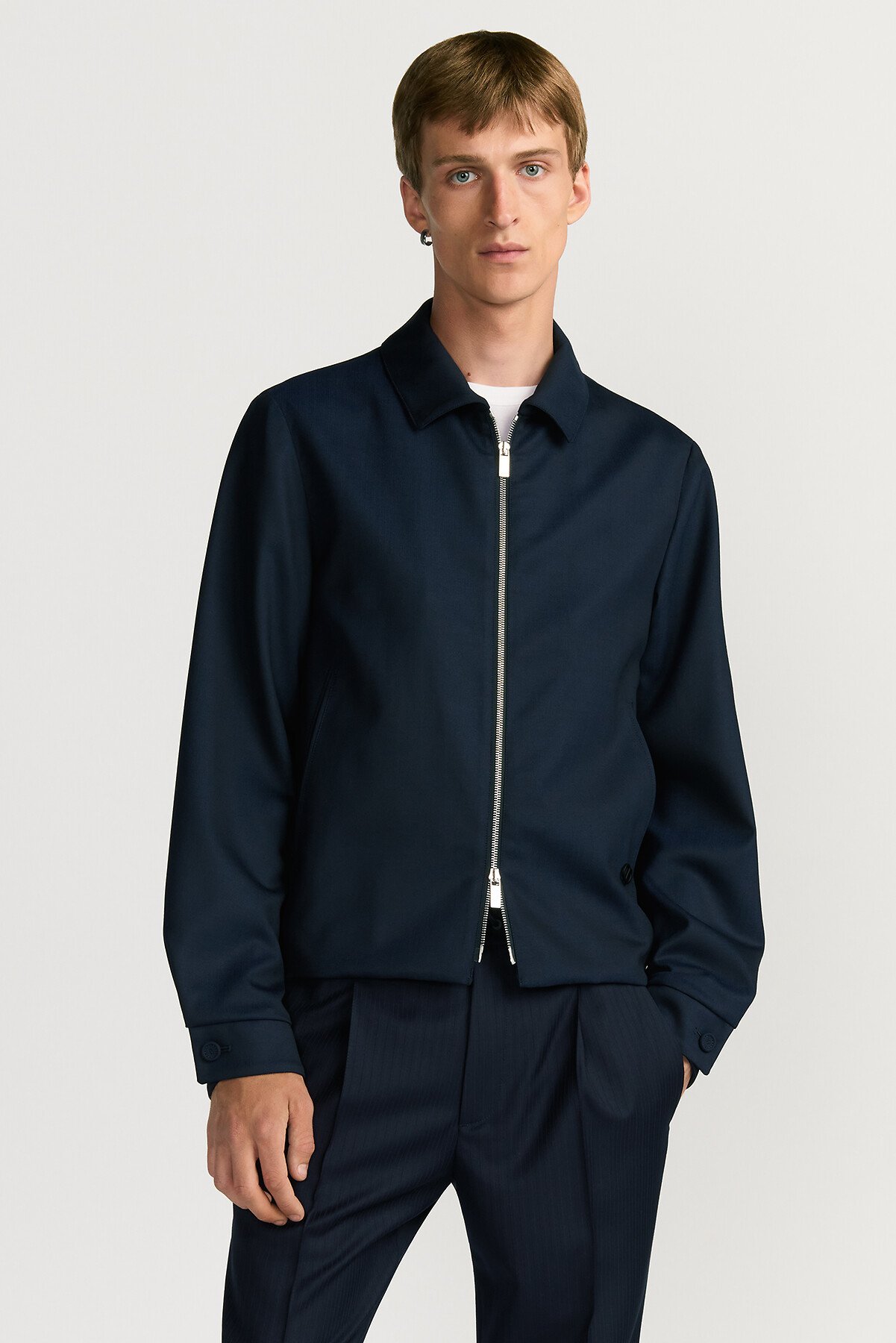 Zipped Jacket Navy Blue Virgin Wool Blend 