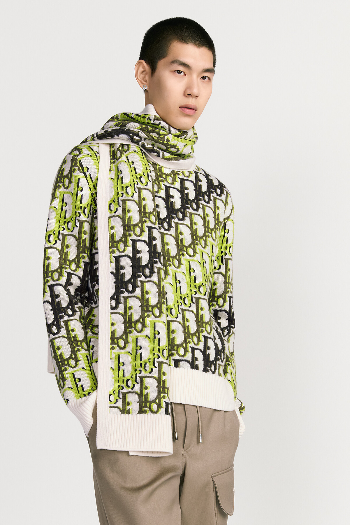 Dior Oblique 스카프 에크루 & 그린, 브라운 울 