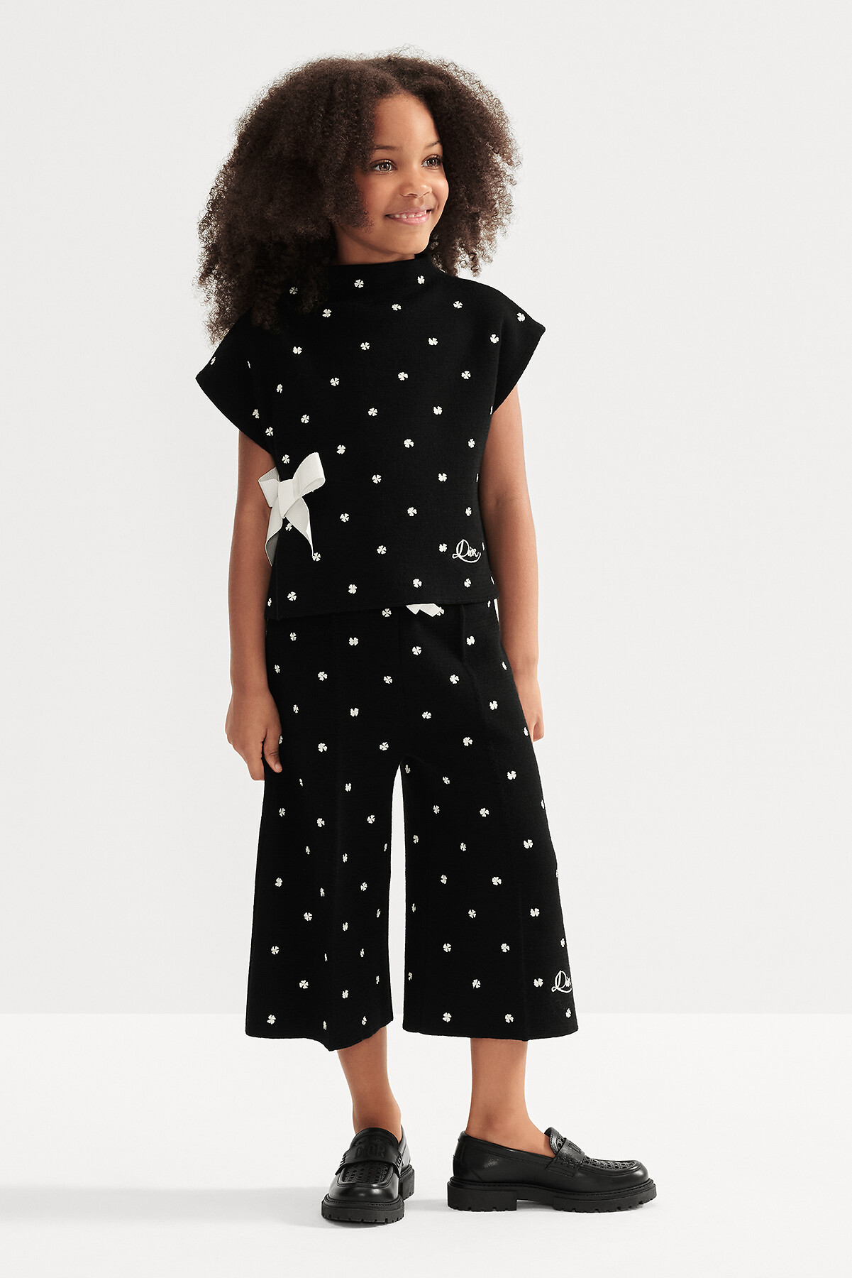 Kids' Sweater Vest Black Wool Punto Milano Knit with Ivory Clover Motif 