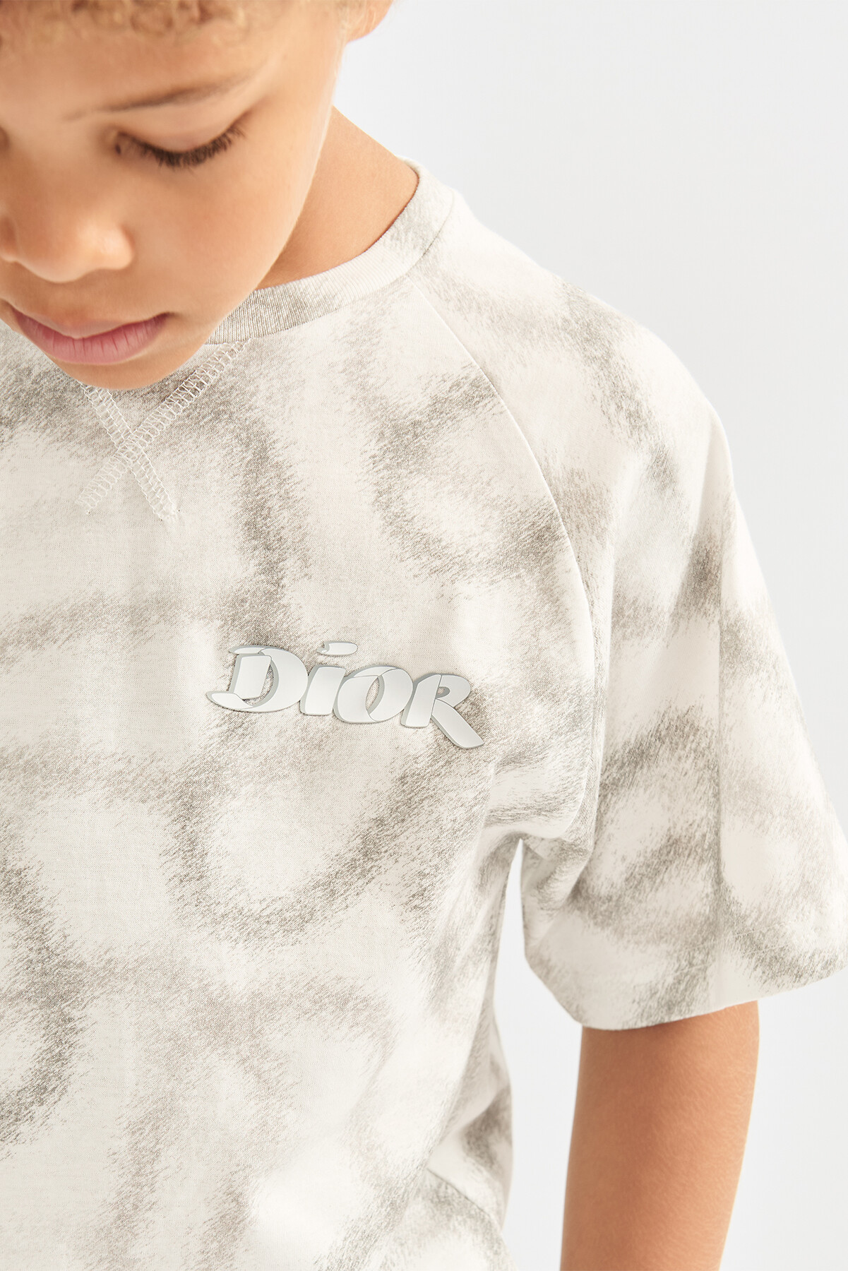 Kids' T-Shirt Ivory Cotton Jersey with Gray Blurred-Effect Ribbon Motif 
