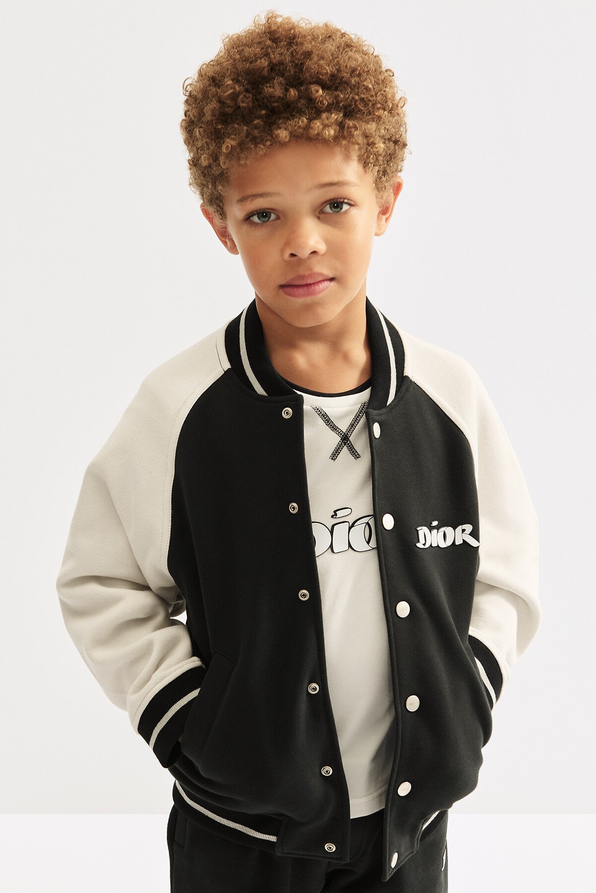 Kids' Bomber-Style Cardigan Black and Ivory Brushed Cotton Fleece 